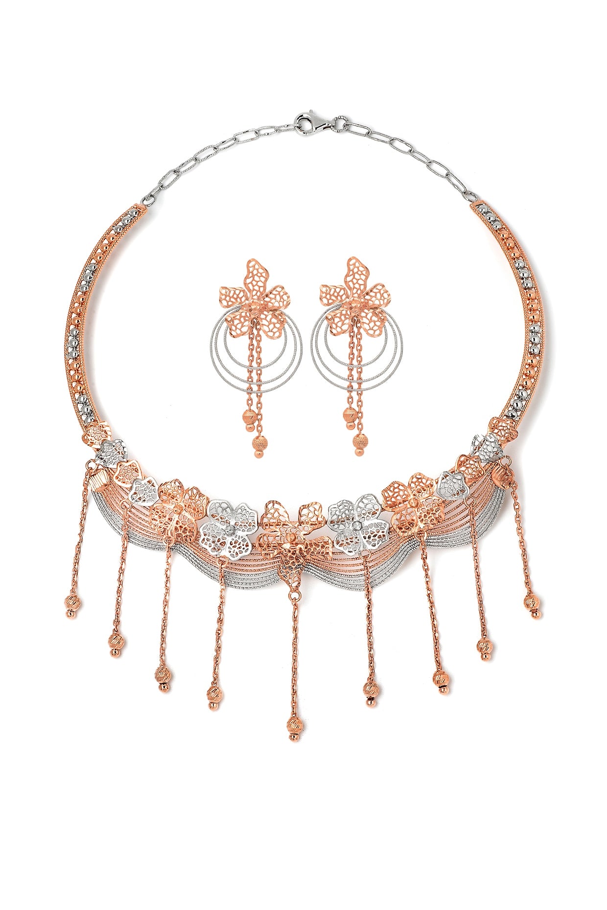 Two-Tone Finish Laser Cut Zircon Necklace Set In Sterling Silver