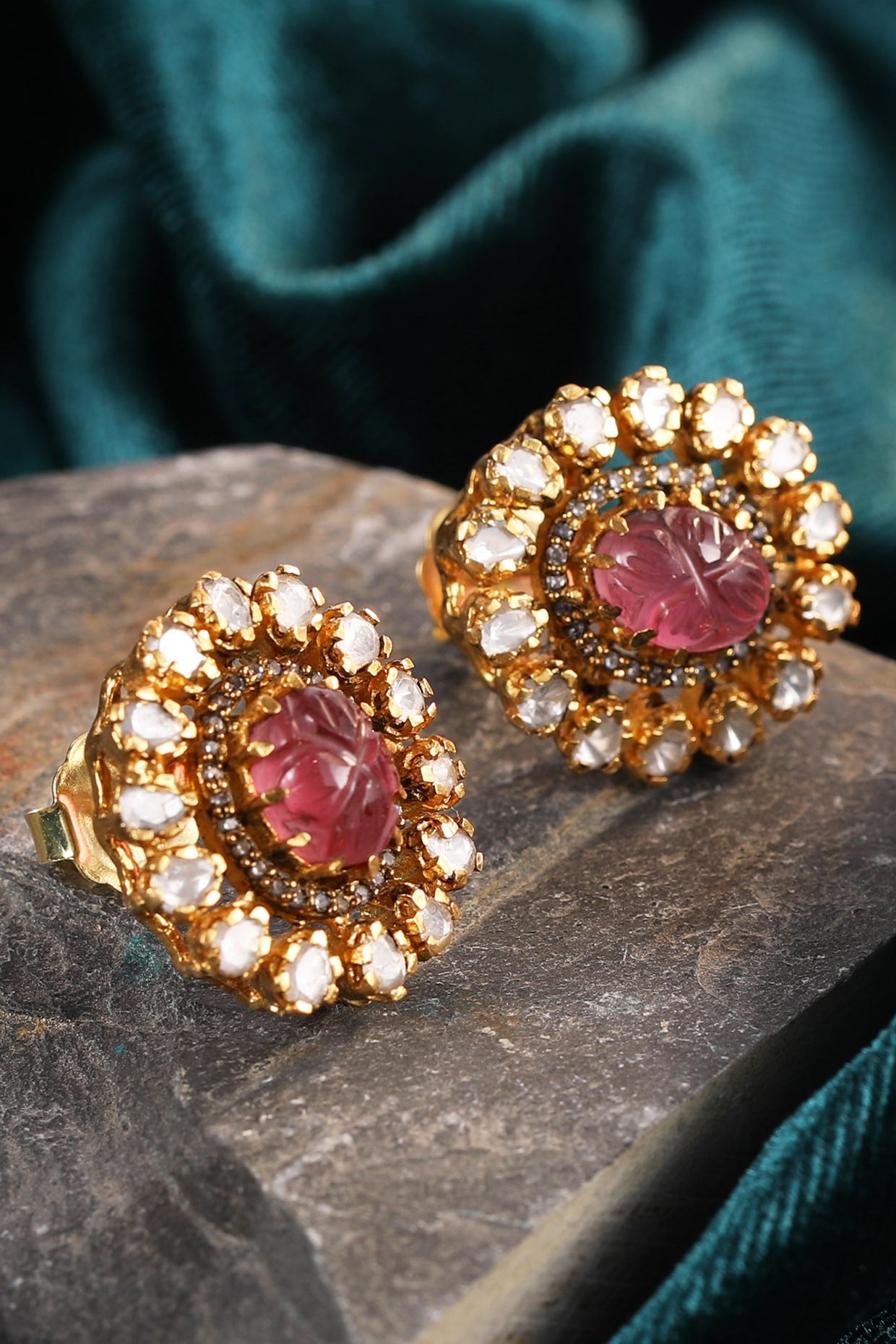 Gold Finish Pink Synthetic Stone & Kundan Polki Stud Earrings In Sterling Silver