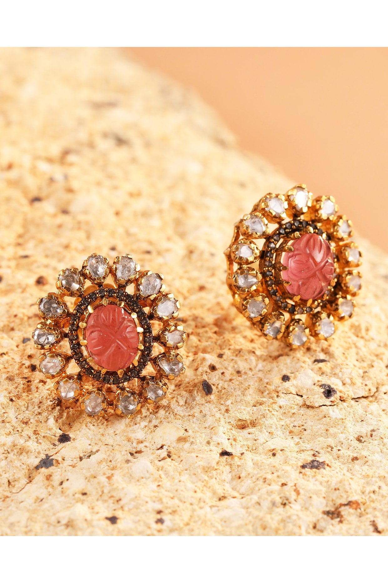 Gold Finish Pink Synthetic Stone & Kundan Polki Stud Earrings In Sterling Silver