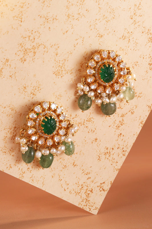 Gold Plated Green Synthetic Stone & Kundan Polki Stud Earrings In Sterling Silver