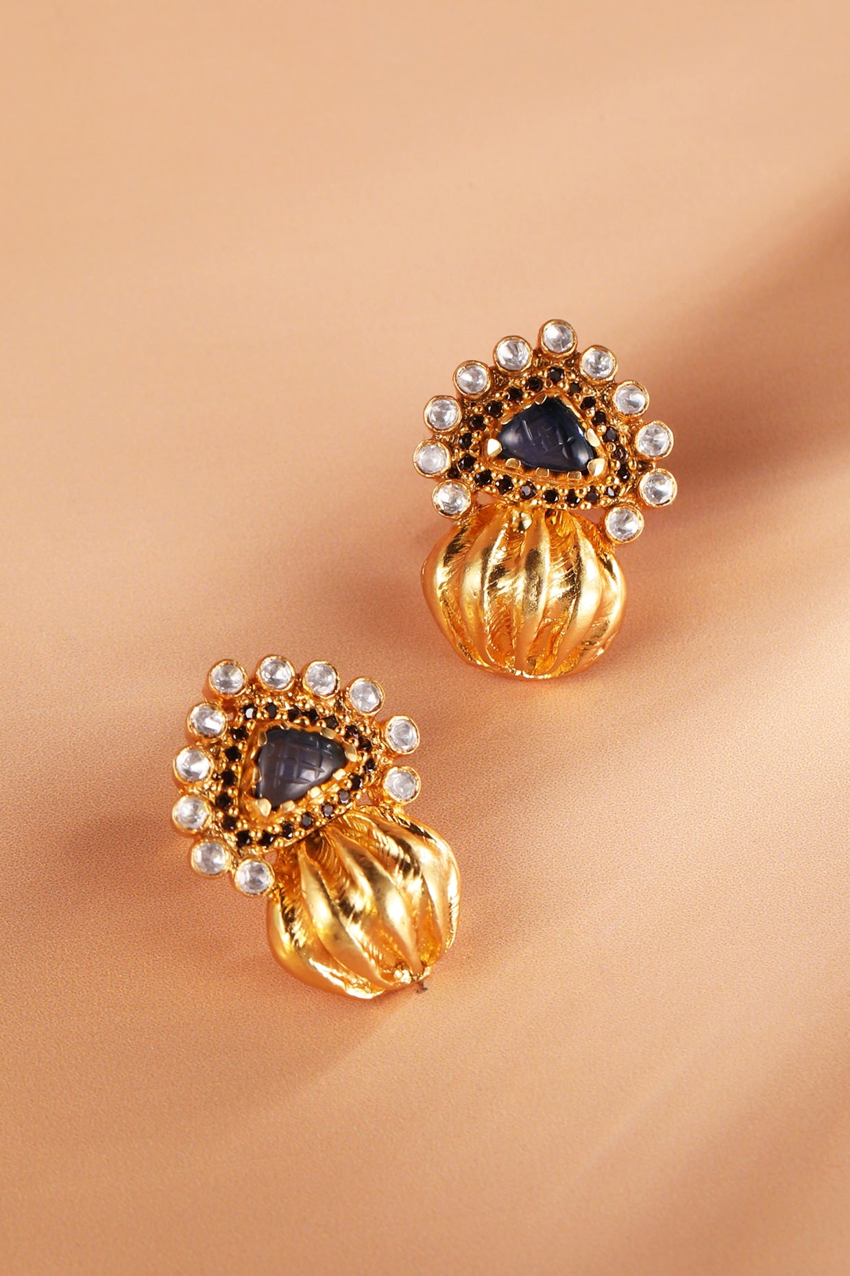 Gold Plated Aqua Synthetic Stone & Kundan Polki Stud Earrings In Sterling Silver