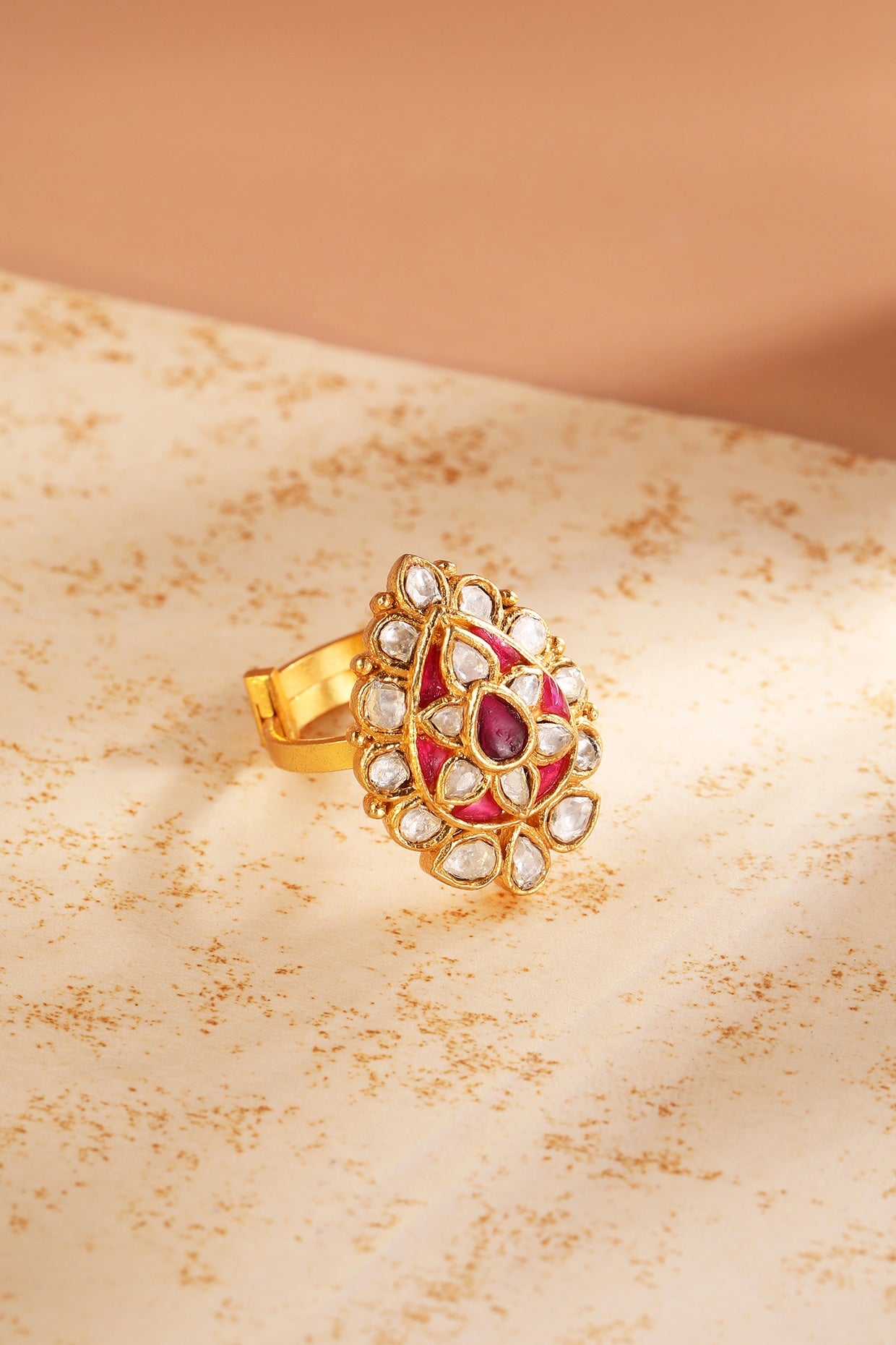 Gold Finish Kundan Polki & Red Stone Ring In Sterling Silver