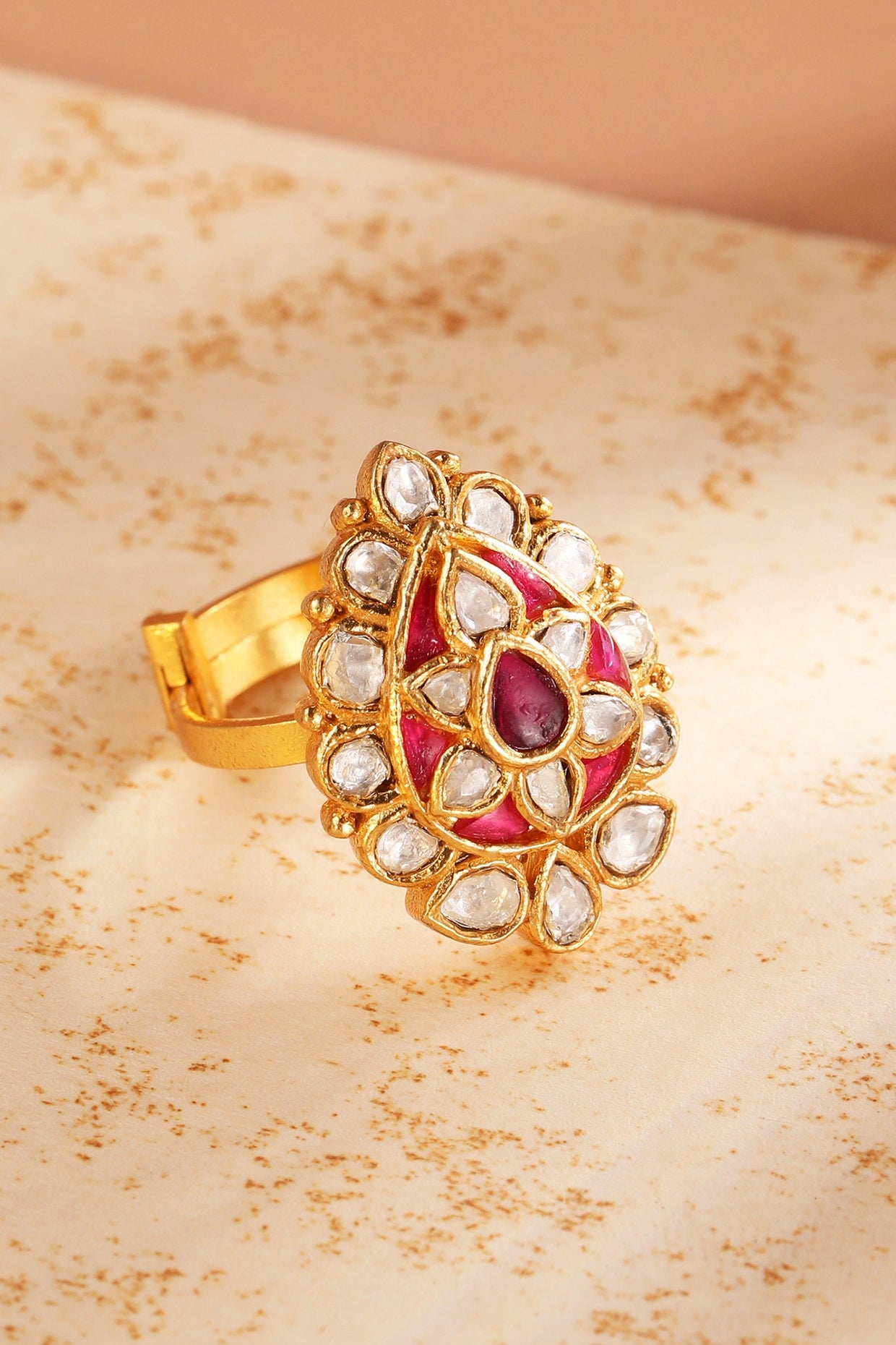 Gold Finish Kundan Polki & Red Stone Ring In Sterling Silver