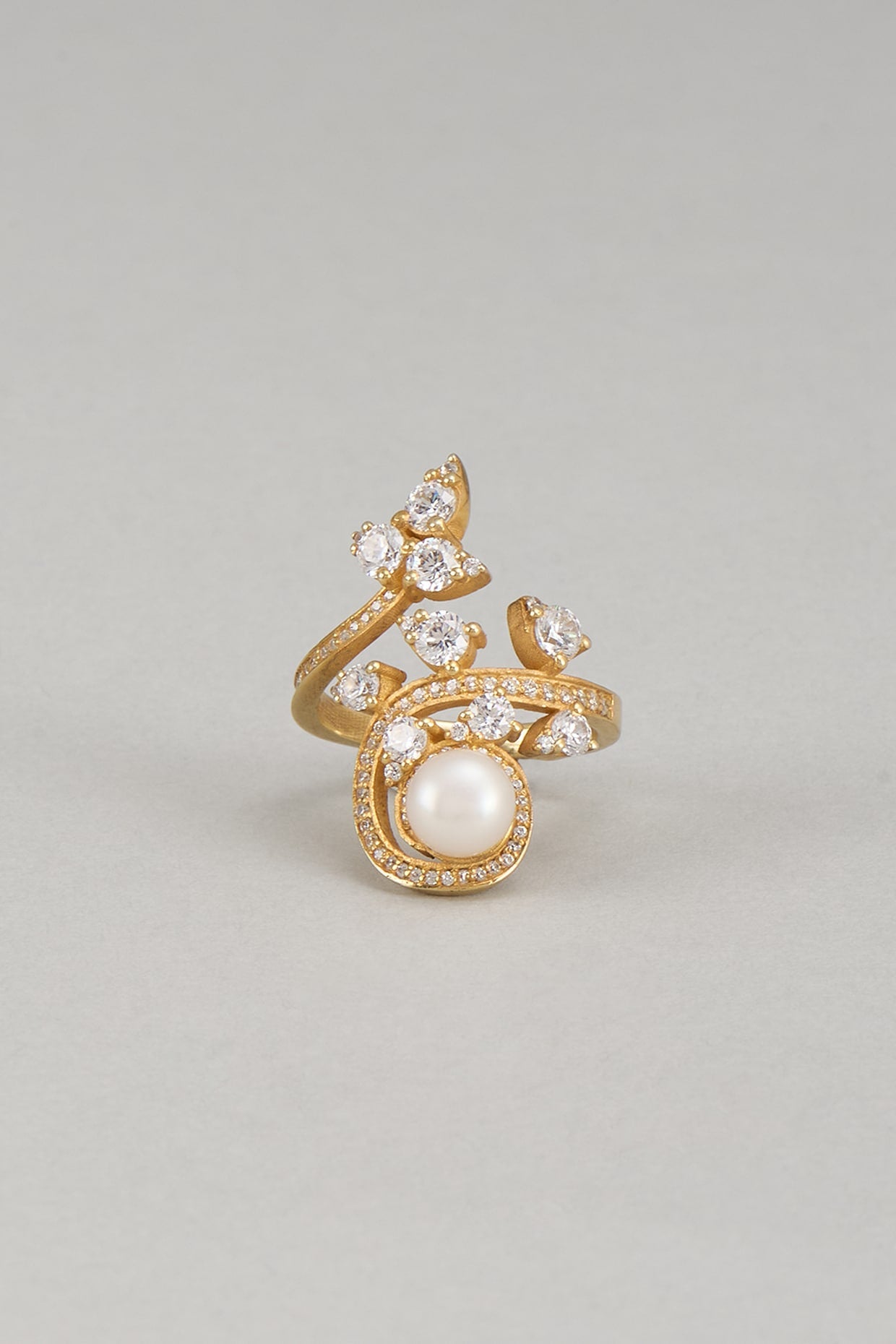 Gold Finish Zircon & Pearl Ring In Sterling Silver