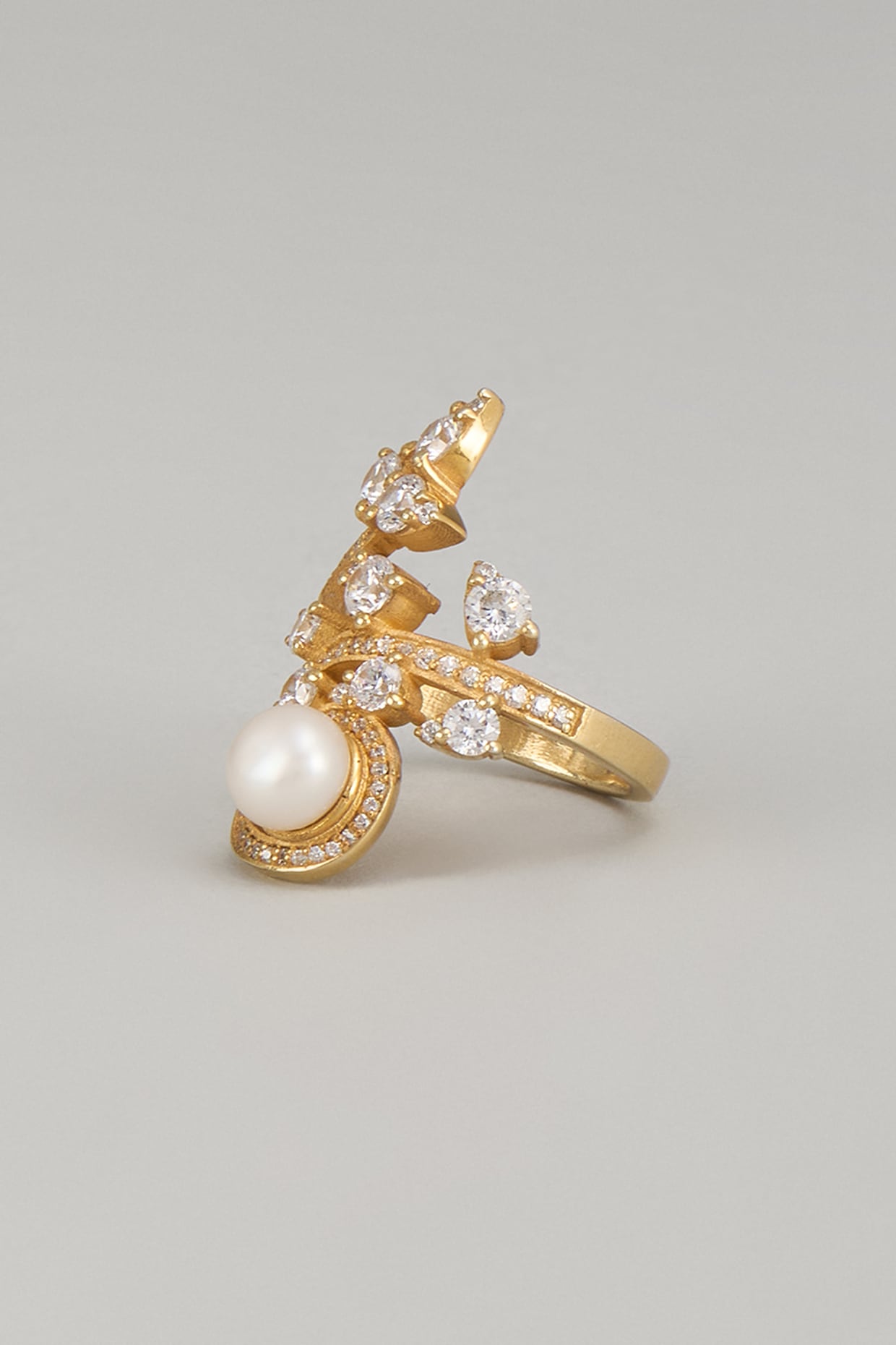 Gold Finish Zircon & Pearl Ring In Sterling Silver