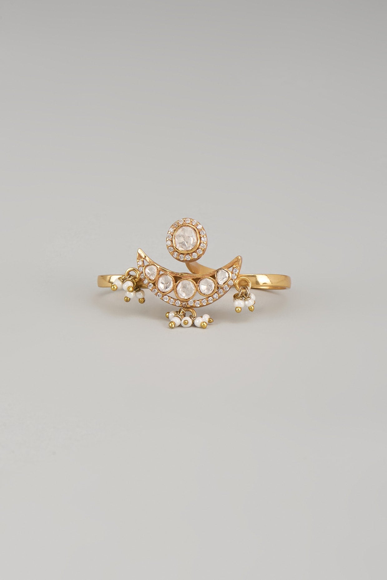 Gold Finish Moissanite Polki & Pearl Ring In Sterling Silver