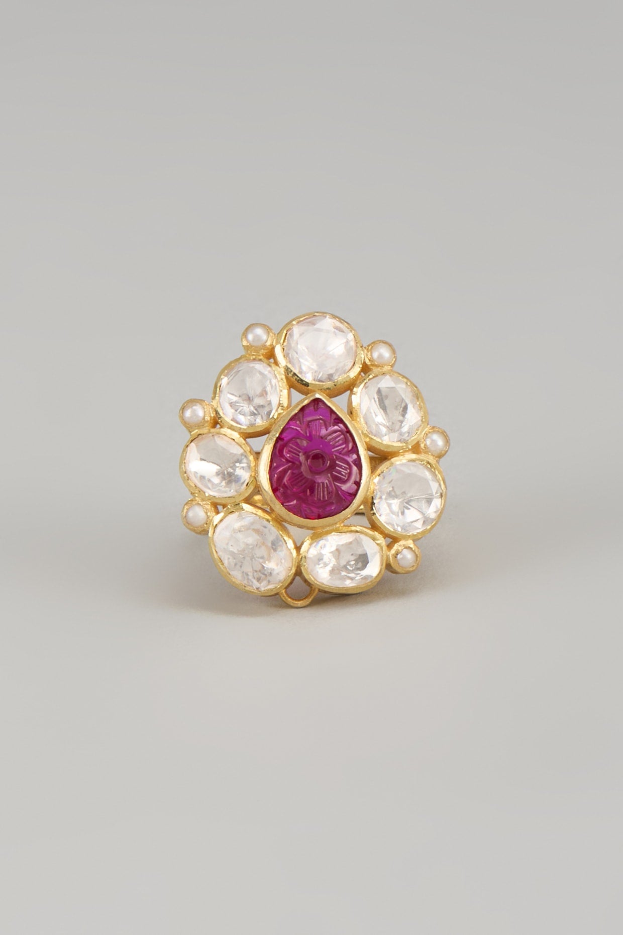 Gold Finish Kundan Polki & Red Cabochon Ring In Sterling Silver