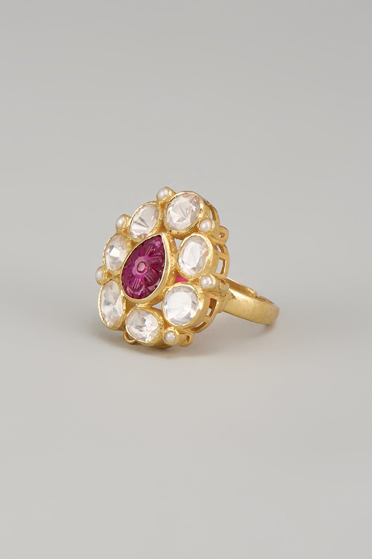 Gold Finish Kundan Polki & Red Cabochon Ring In Sterling Silver