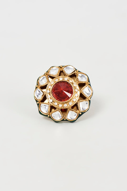 Gold Finish Ruby Stone & Kundan Polki Ring