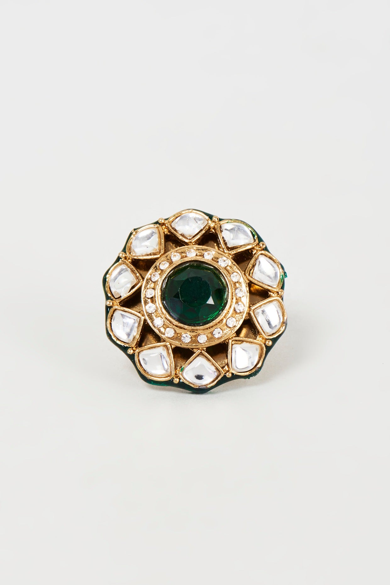 Gold Finish Emerald Stone & Kundan Polki Ring