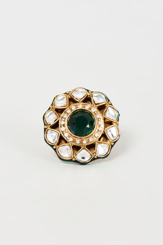 Gold Finish Emerald Stone & Kundan Polki Ring