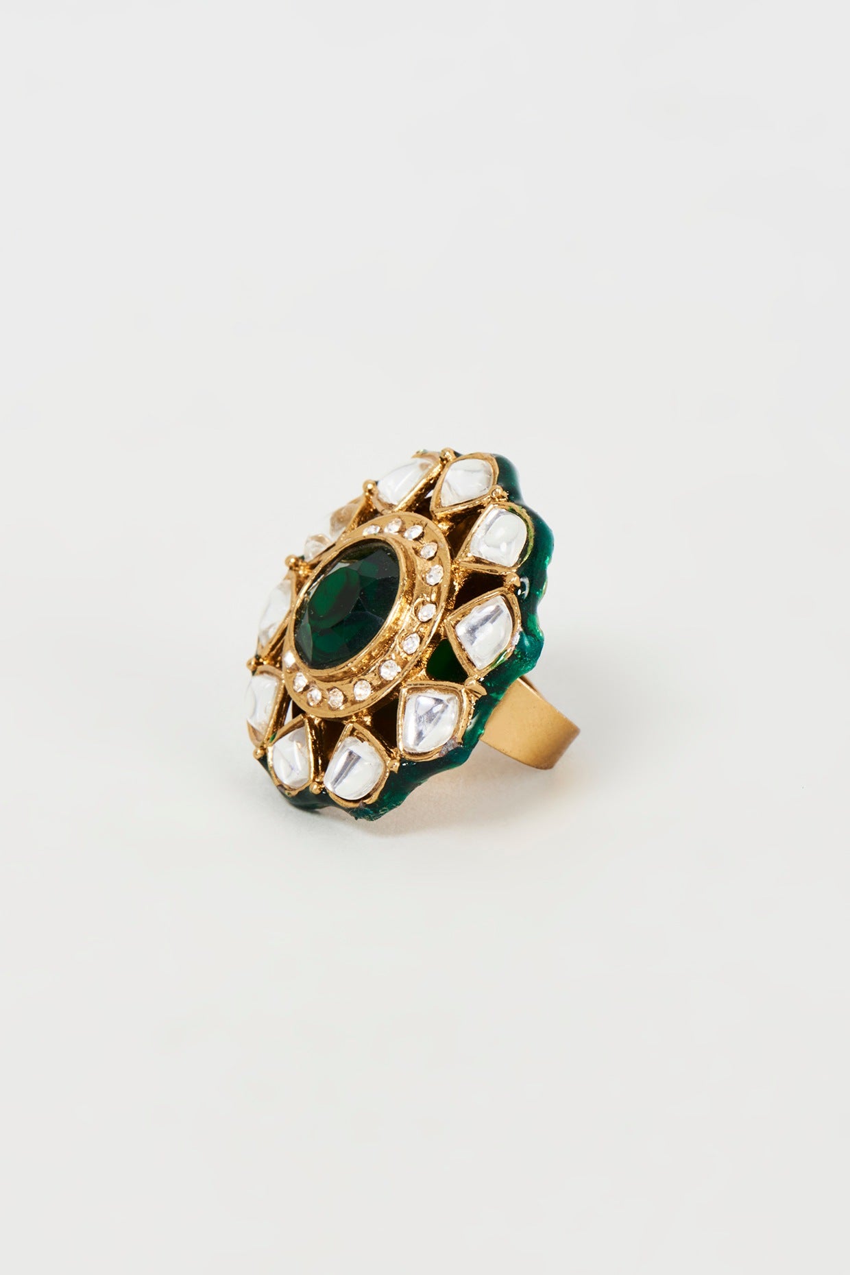 Gold Finish Emerald Stone & Kundan Polki Ring