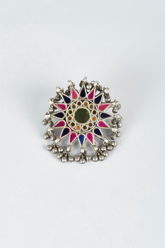 Antique Finish Glass-Cut Kundan Ring