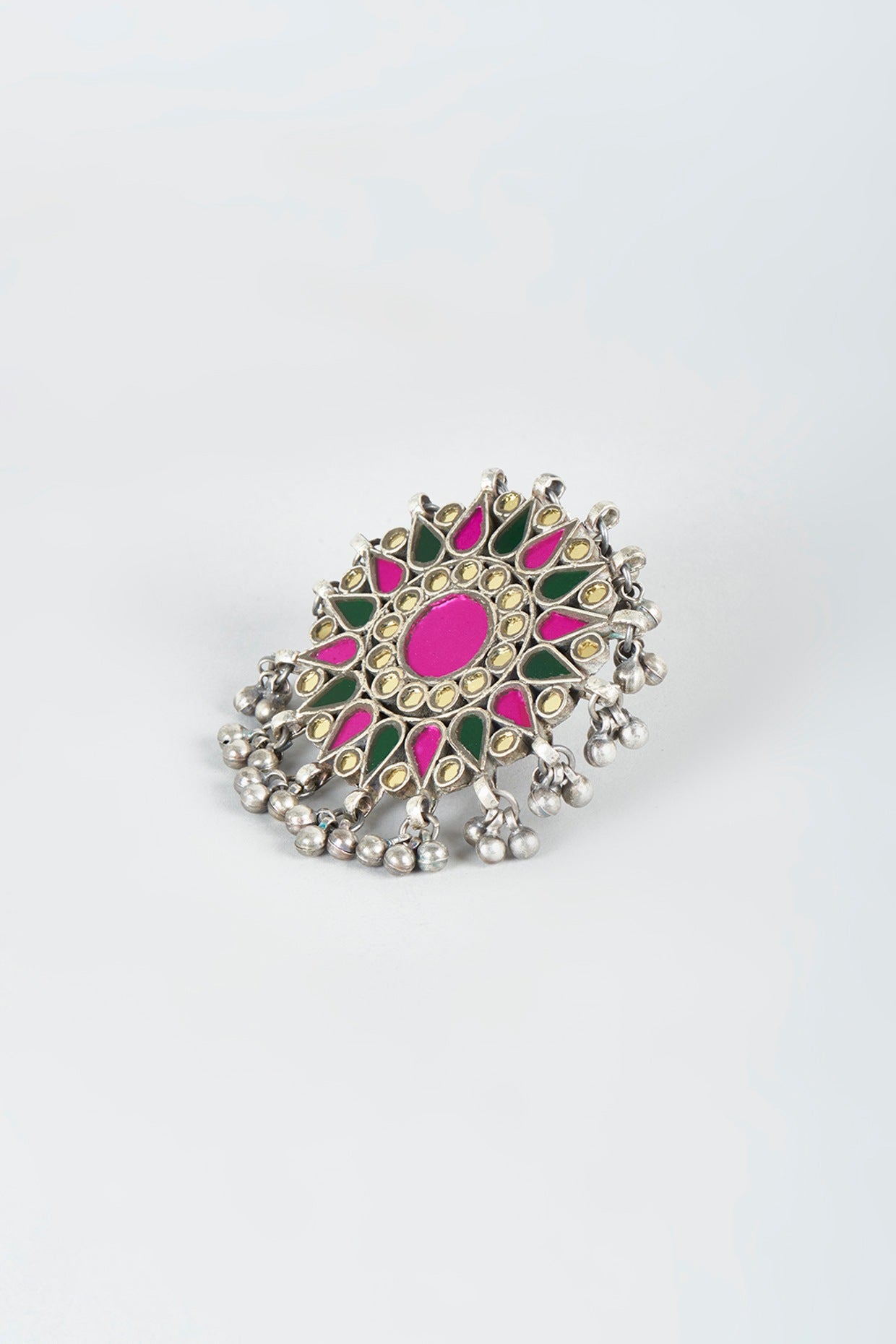 Antique Finish Alloy Ring With Glass-Cut Kundan