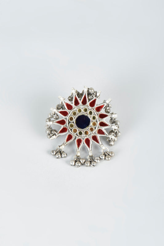 Antique Finish Alloy Ring With Glass Kundan