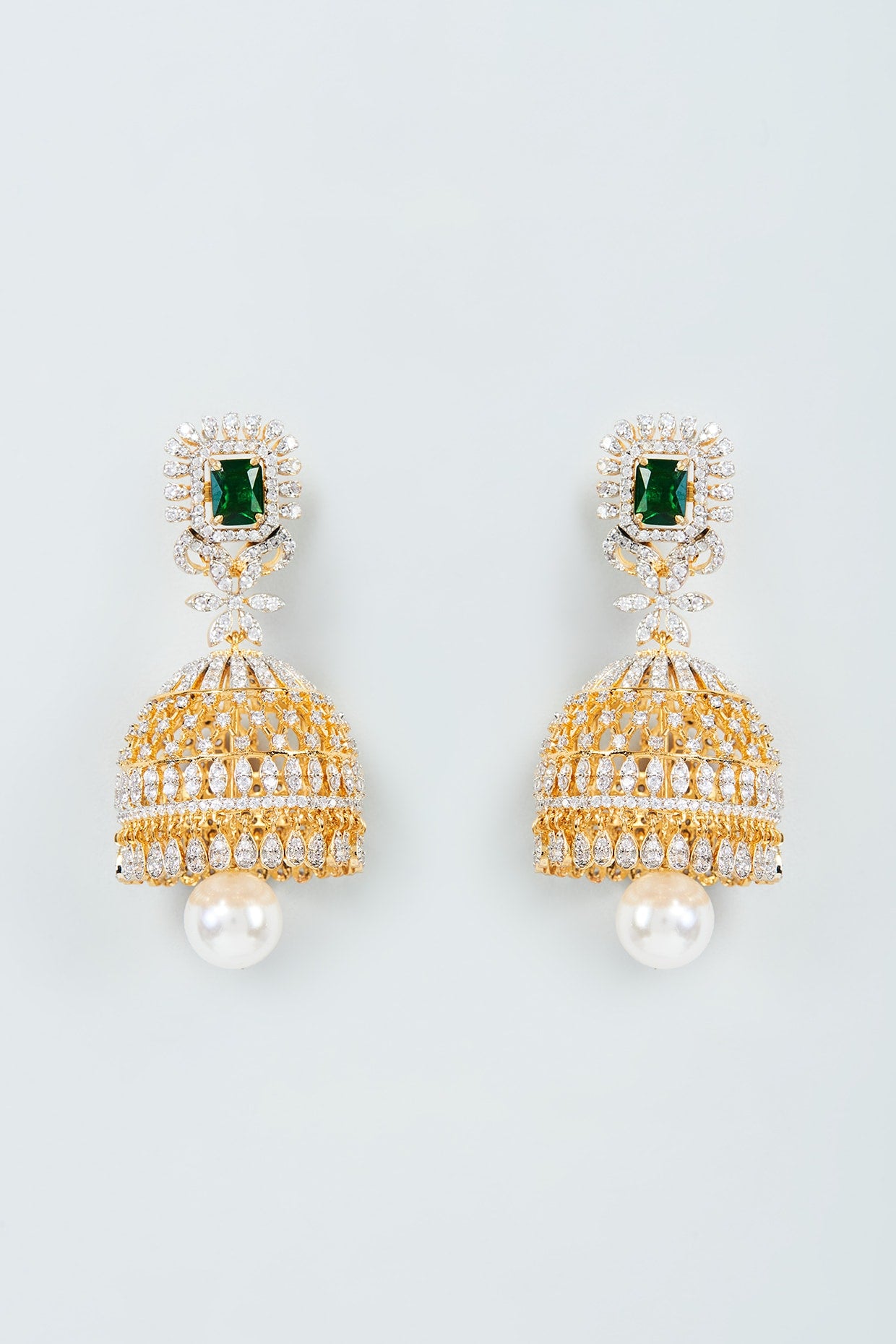 Two Tone Finish Zircon & Green Stone Jhumka Earrings in Sterling Silver