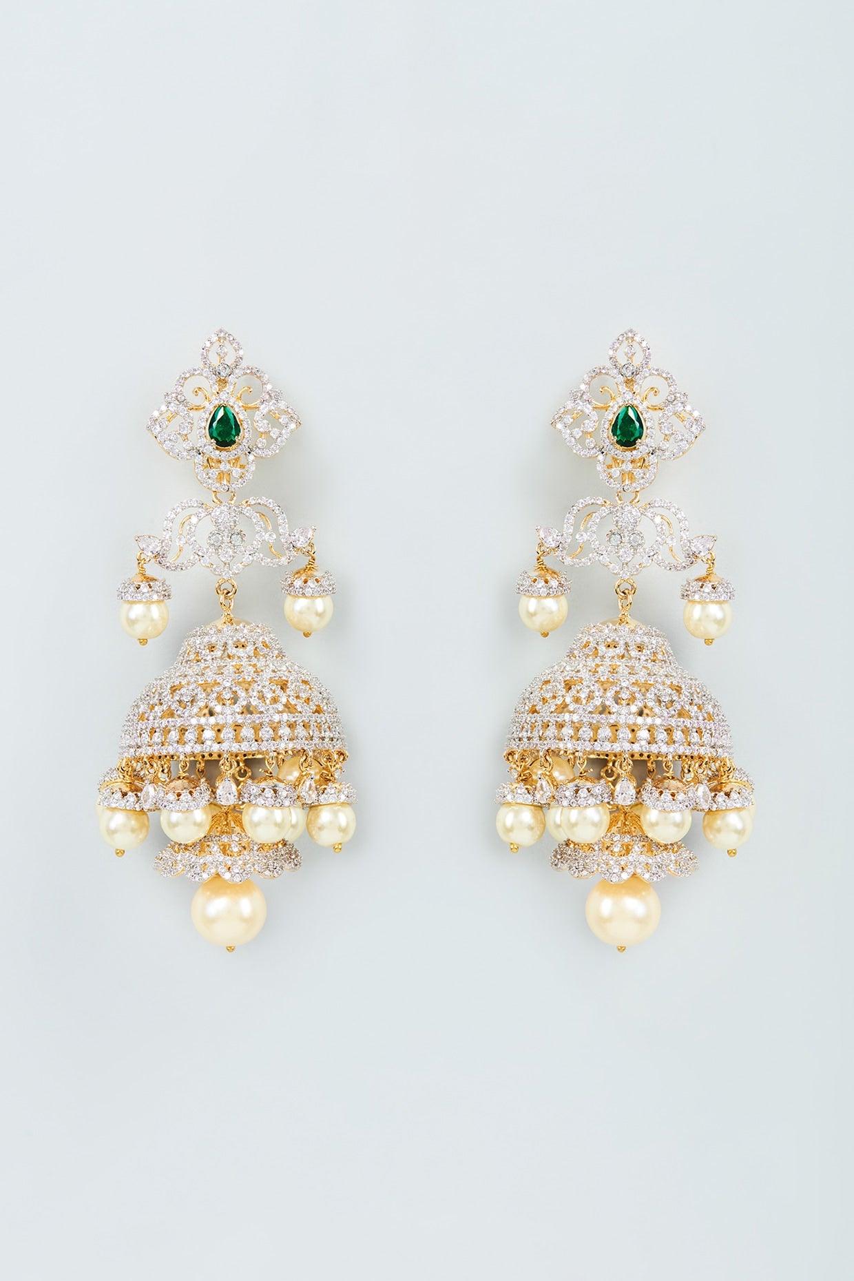 Two Tone Finish Zircon & Green Stone Jhumka Earrings in Sterling Silver