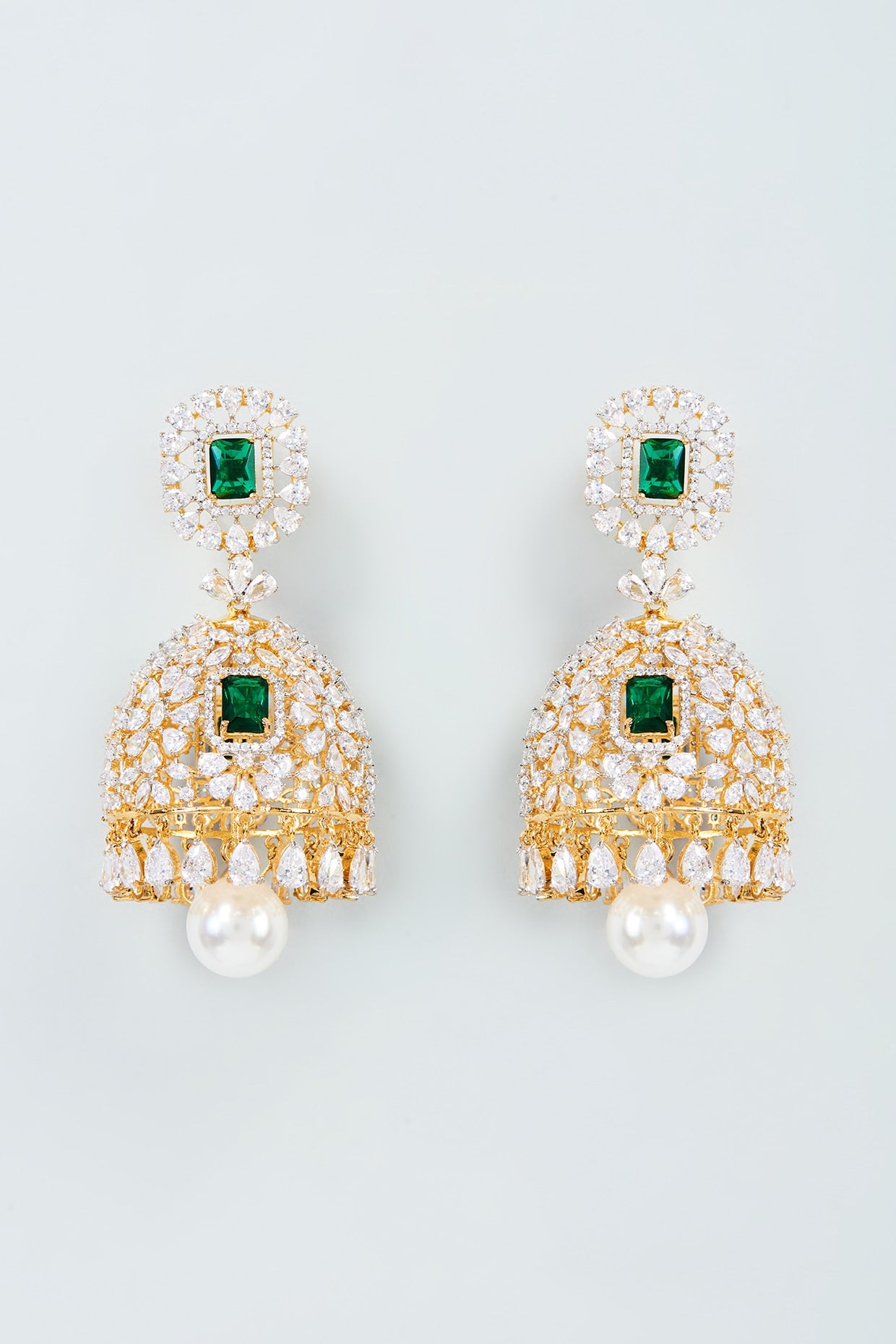 Two Tone Finish Cubic Zirconia & Emerald Jhumka Earrings in Sterling Silver