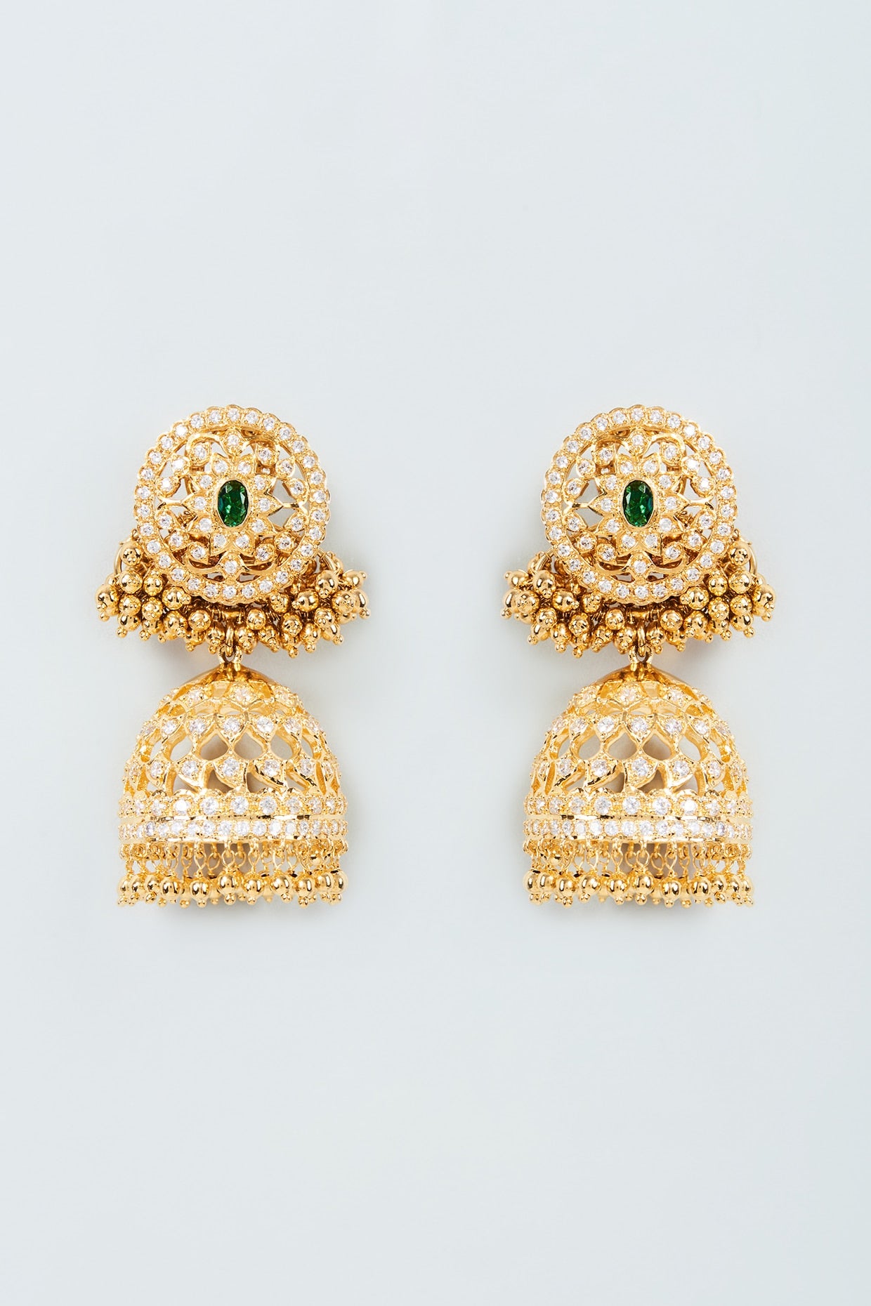 Gold Finish Cubic Zirconia & Emerald Jhumka Earrings in Sterling Silver