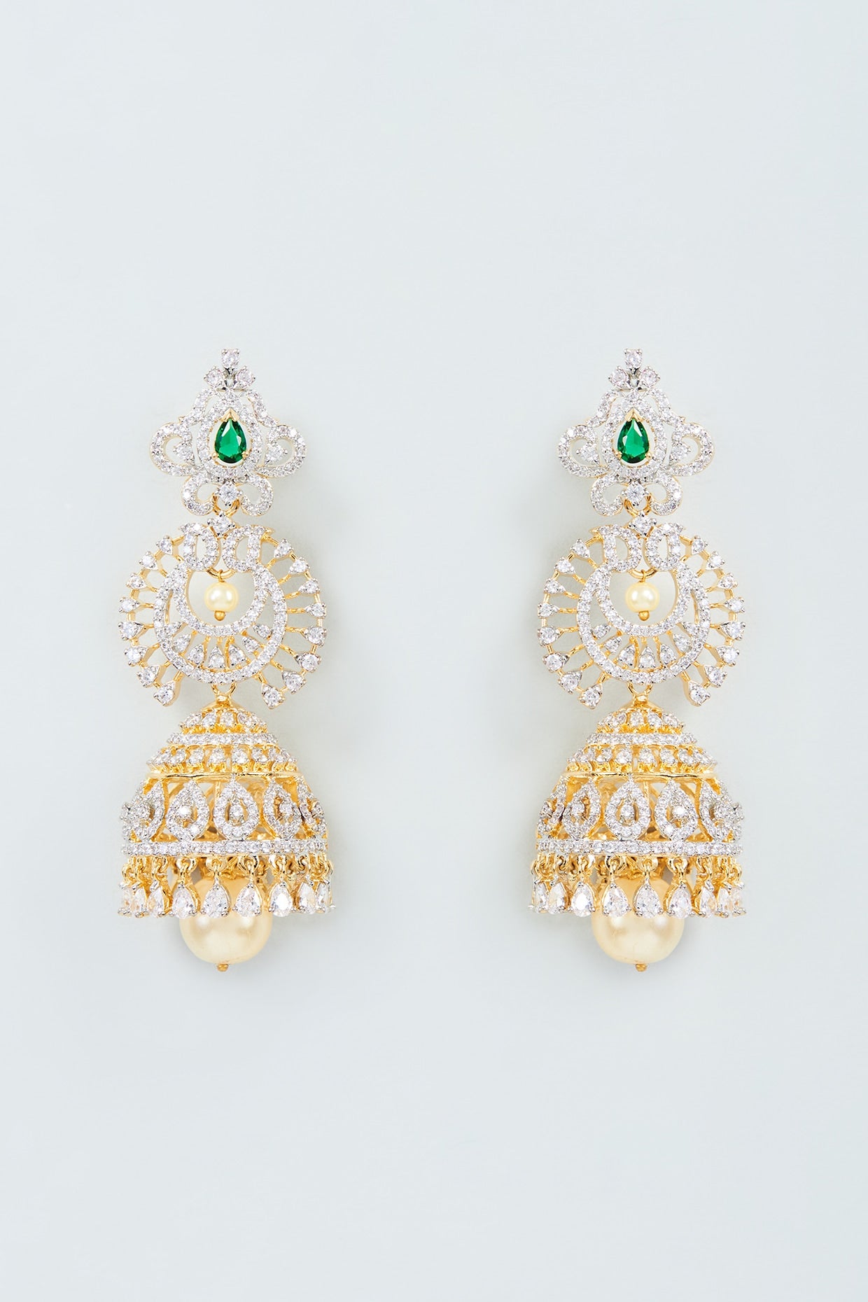 Two Tone Finish Zircon Jhumka Earrings in Sterling Silver