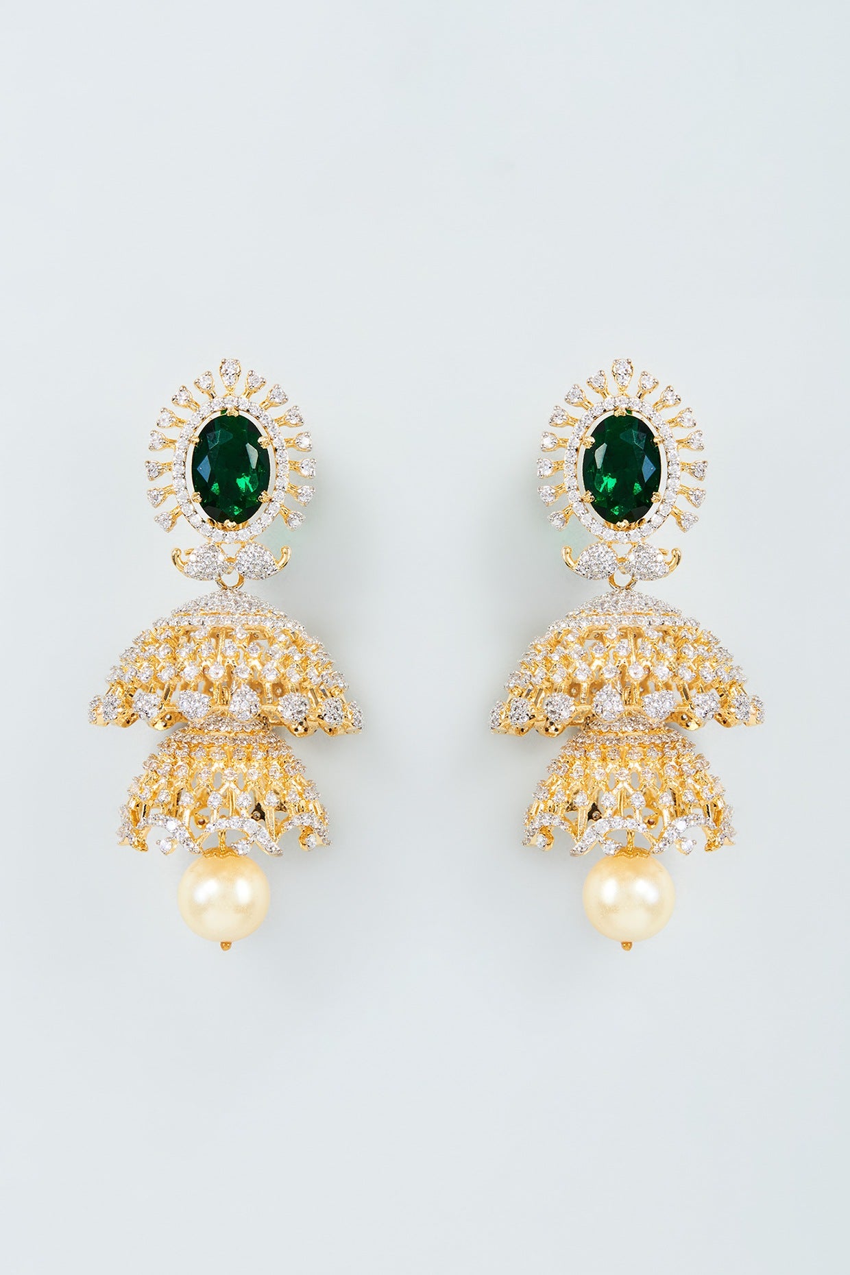 Two Tone Finish Zircon Jhumka Earrings in Sterling Silver