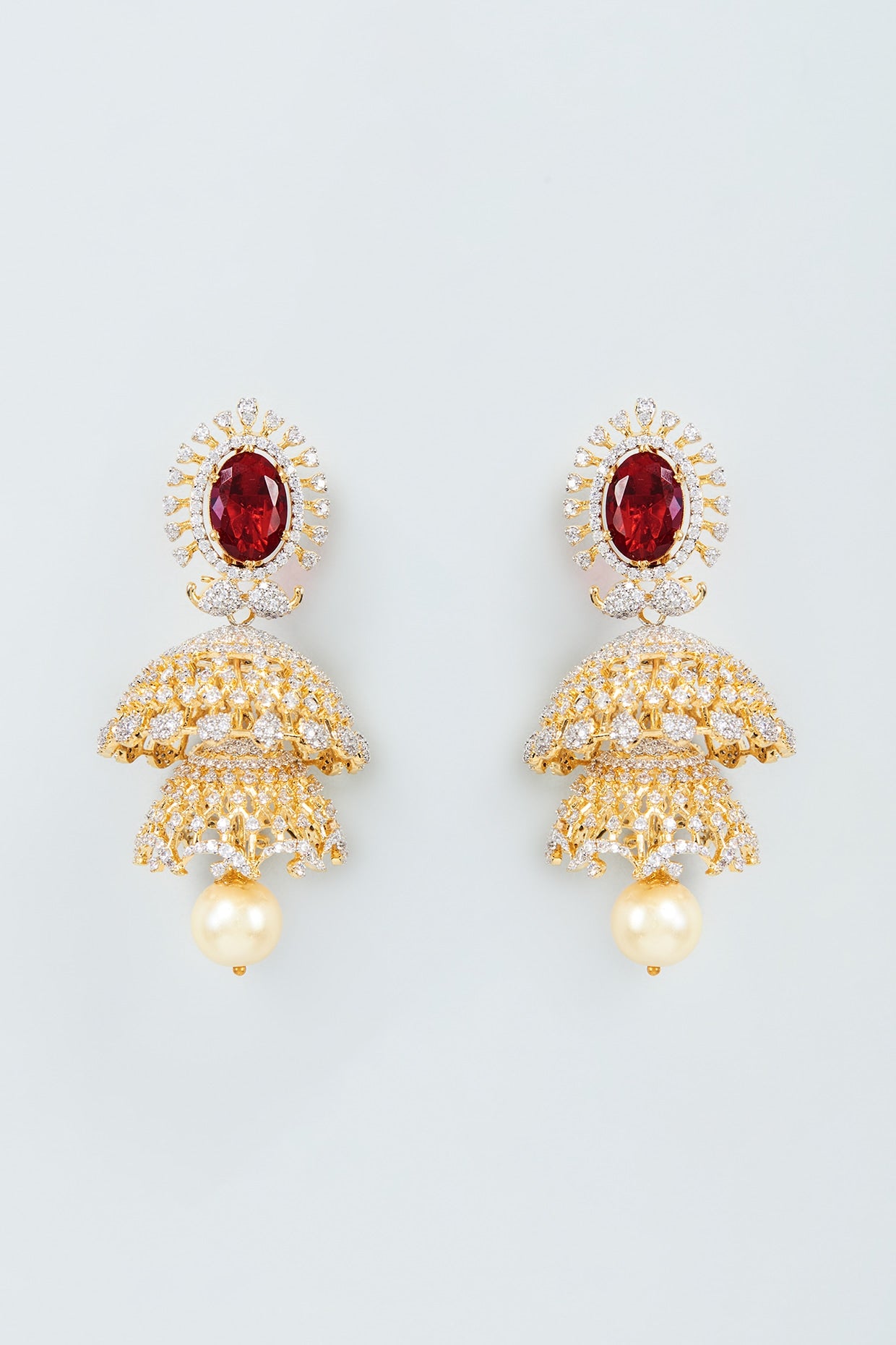 Two Tone Finish Zircon Jhumka Earrings in Sterling Silver