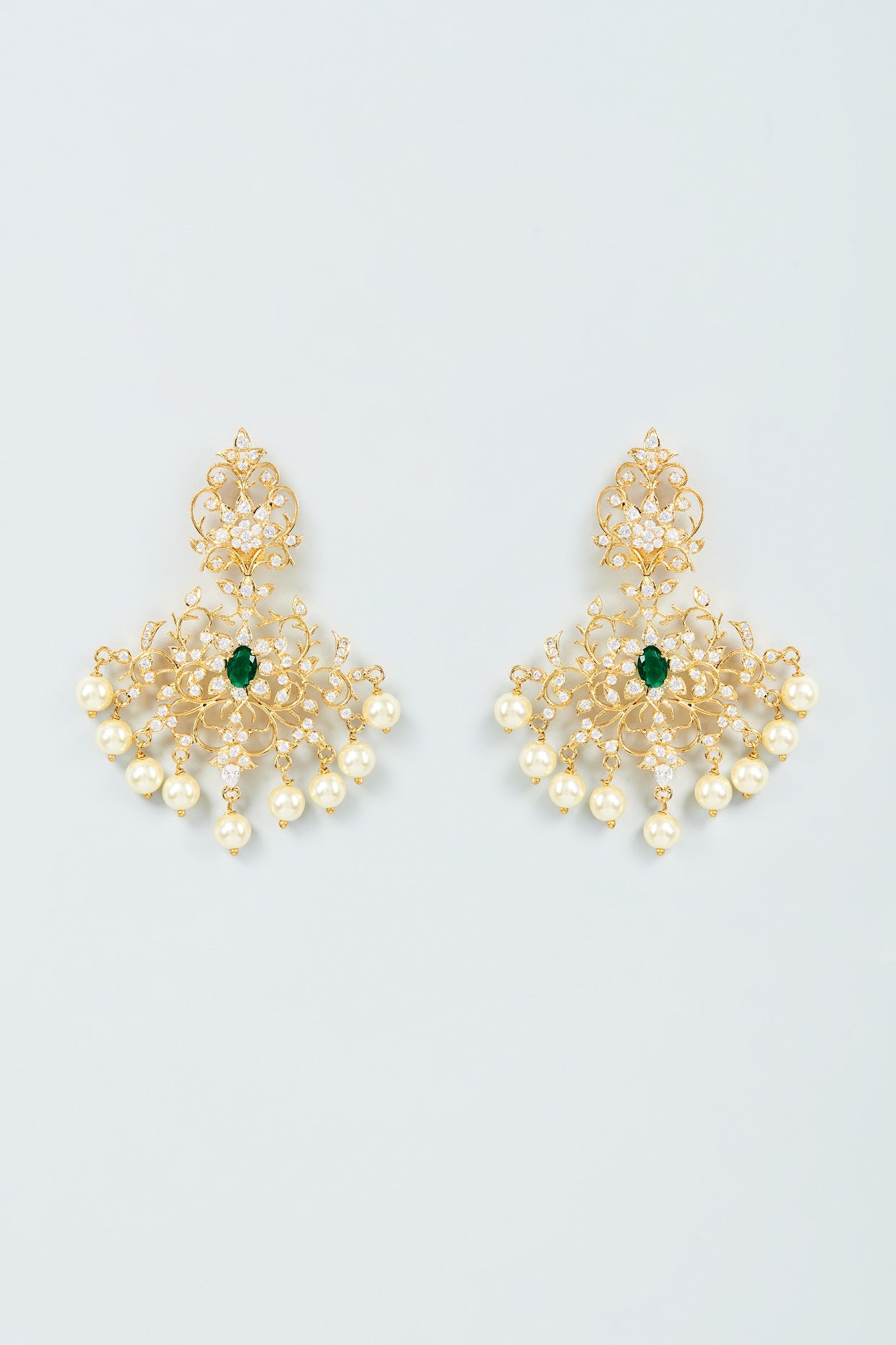 Gold Finish Cubic Zirconia & Emerald Earrings in Sterling SIlver