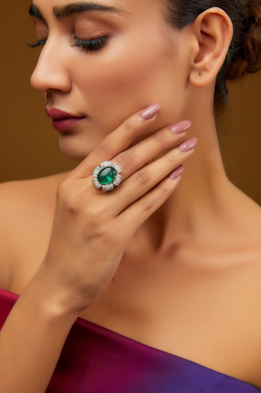 White Finish CZ & Synthetic Emerald Stone Ring In Sterling Silver