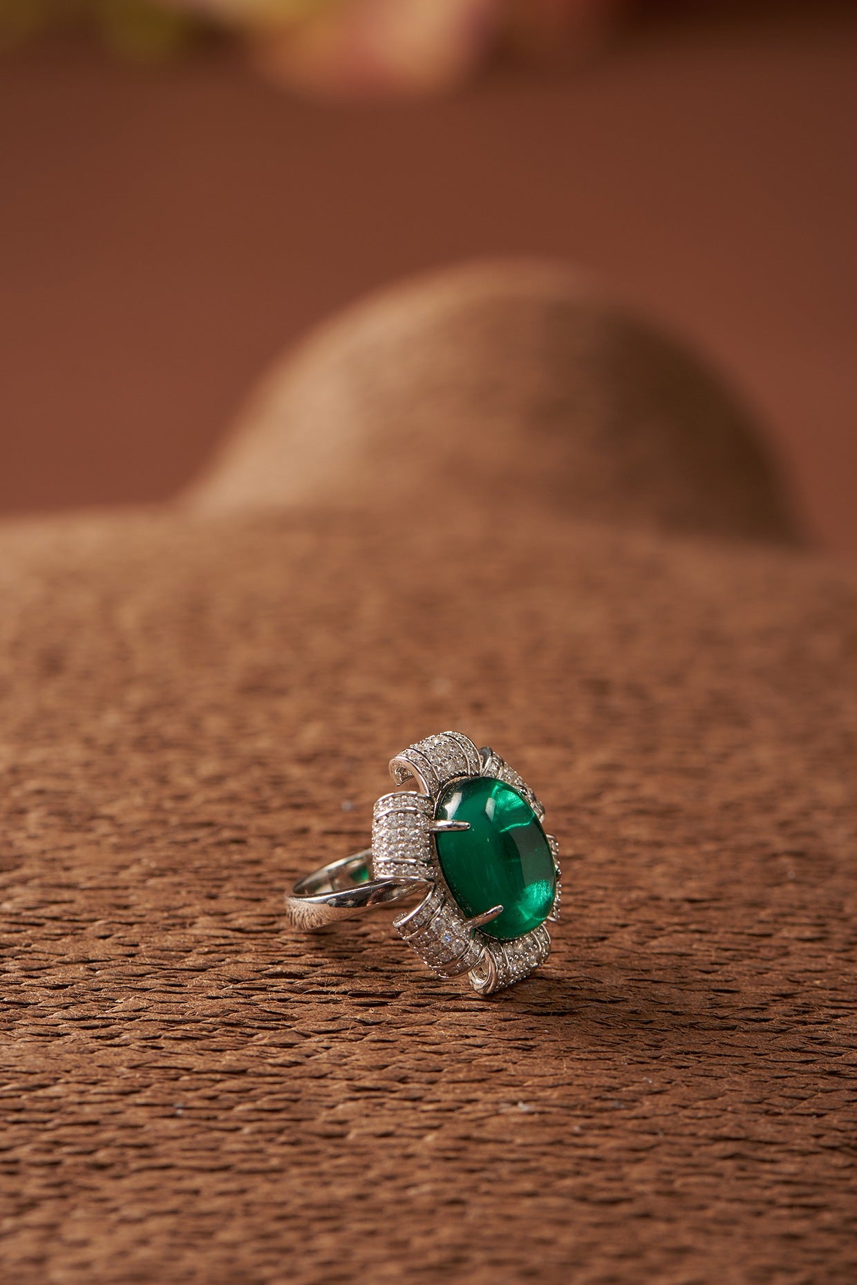 White Finish CZ & Synthetic Emerald Stone Ring In Sterling Silver