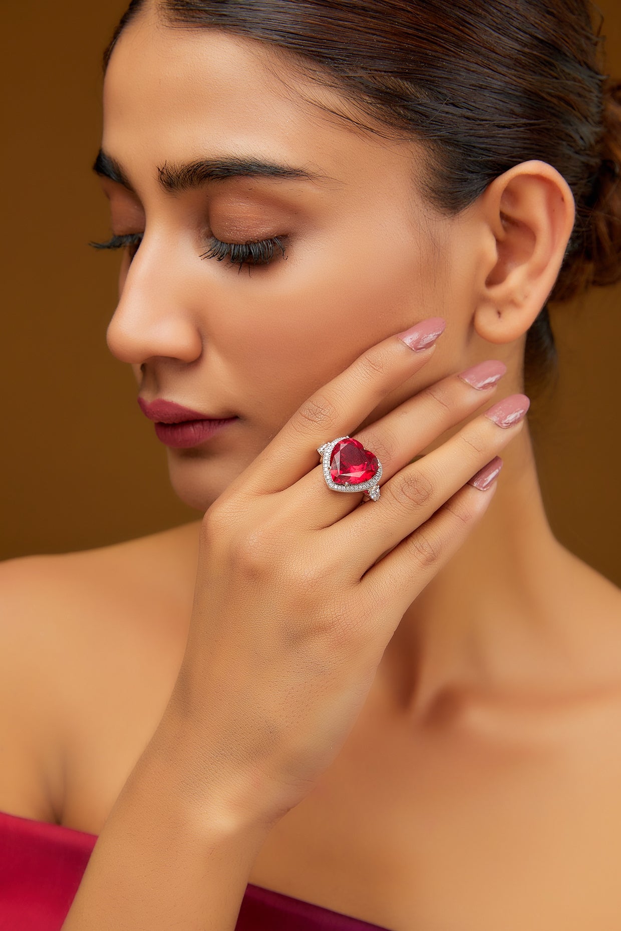 White Finish Zircon & Synthetic Ruby Stone Ring In Sterling Silver