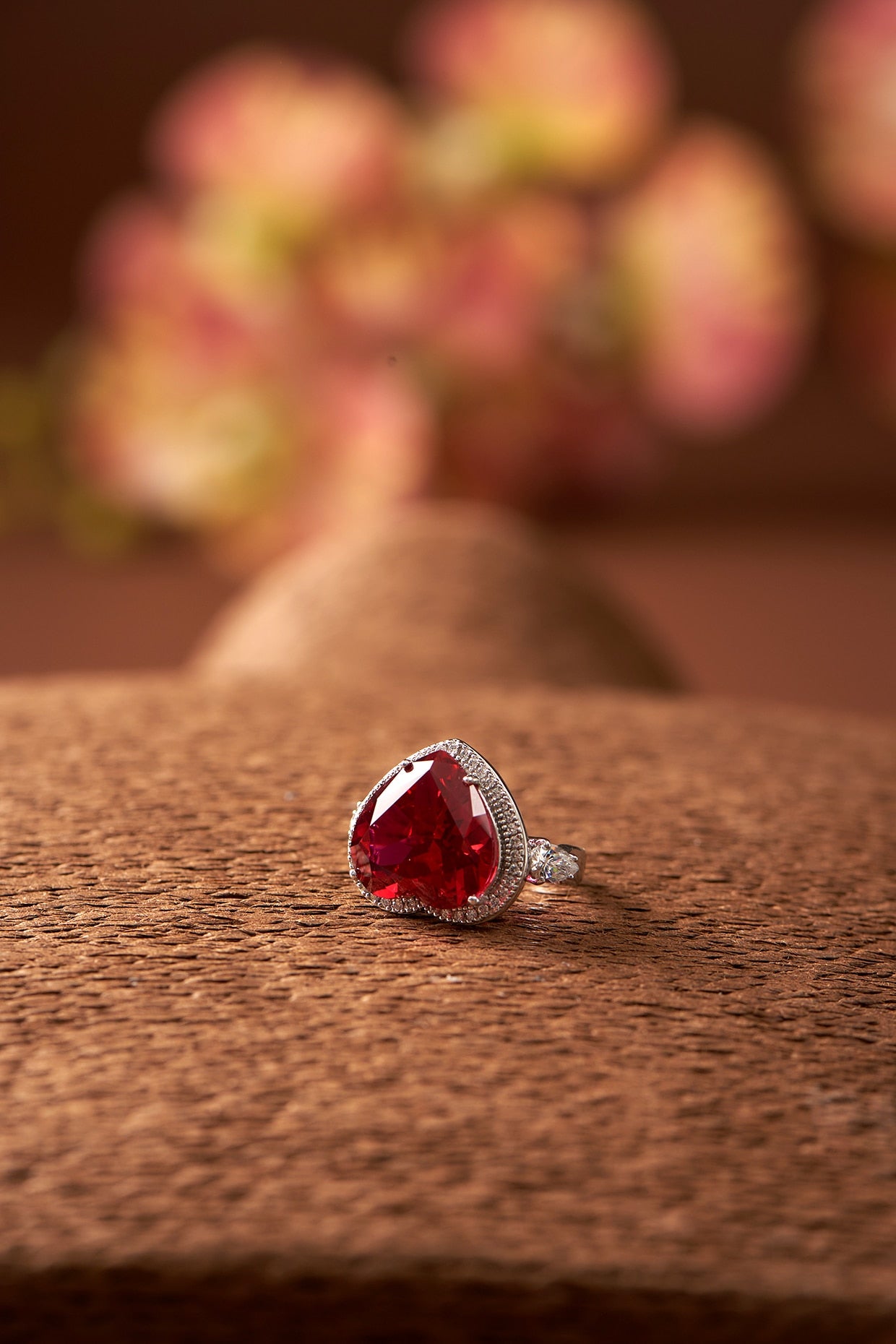 White Finish Zircon & Synthetic Ruby Stone Ring In Sterling Silver