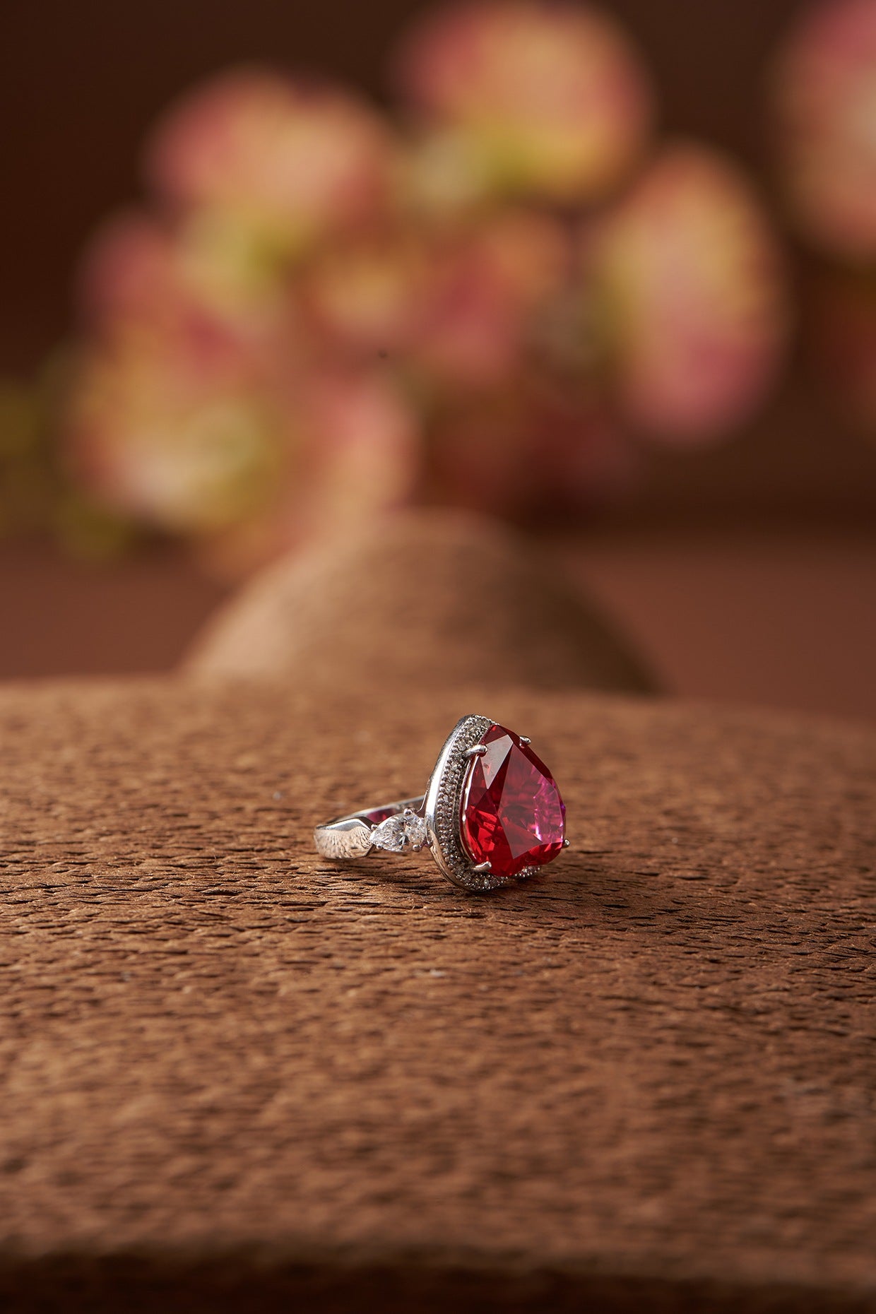 White Finish Zircon & Synthetic Ruby Stone Ring In Sterling Silver