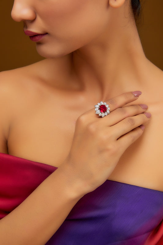 White Finish Zircon & Synthetic Ruby Stone Ring In Sterling Silver