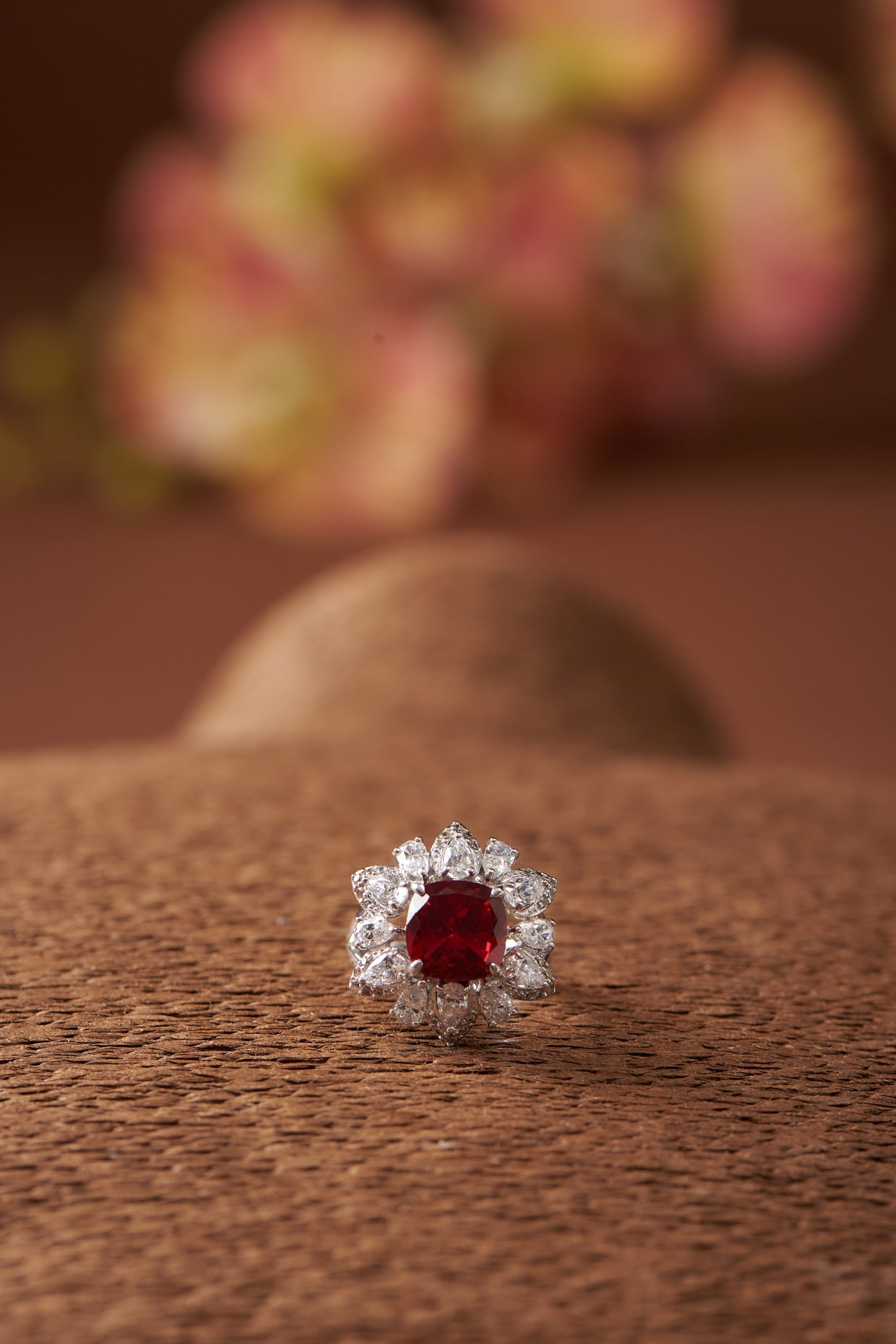 White Finish Zircon & Synthetic Ruby Stone Ring In Sterling Silver