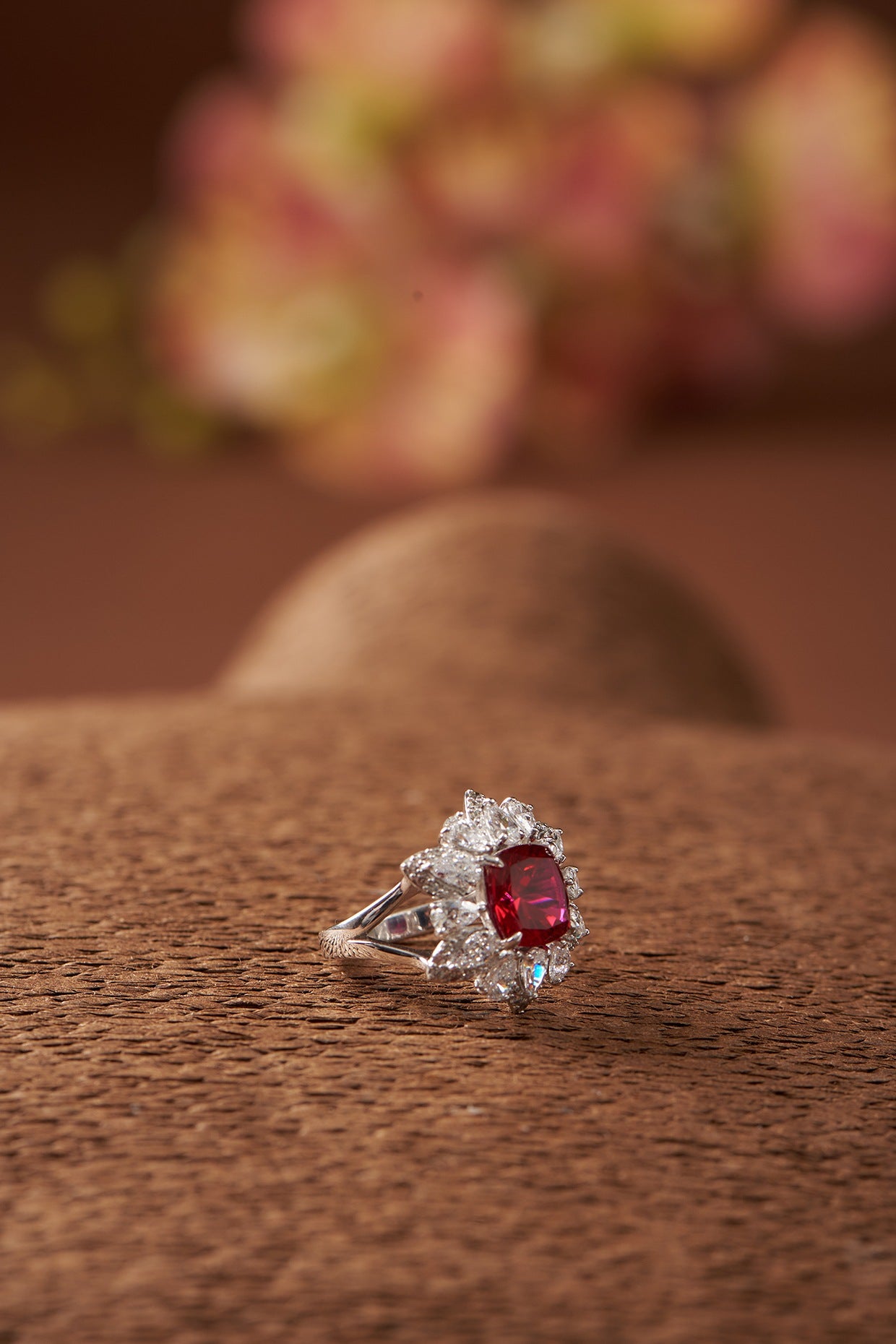 White Finish Zircon & Synthetic Ruby Stone Ring In Sterling Silver