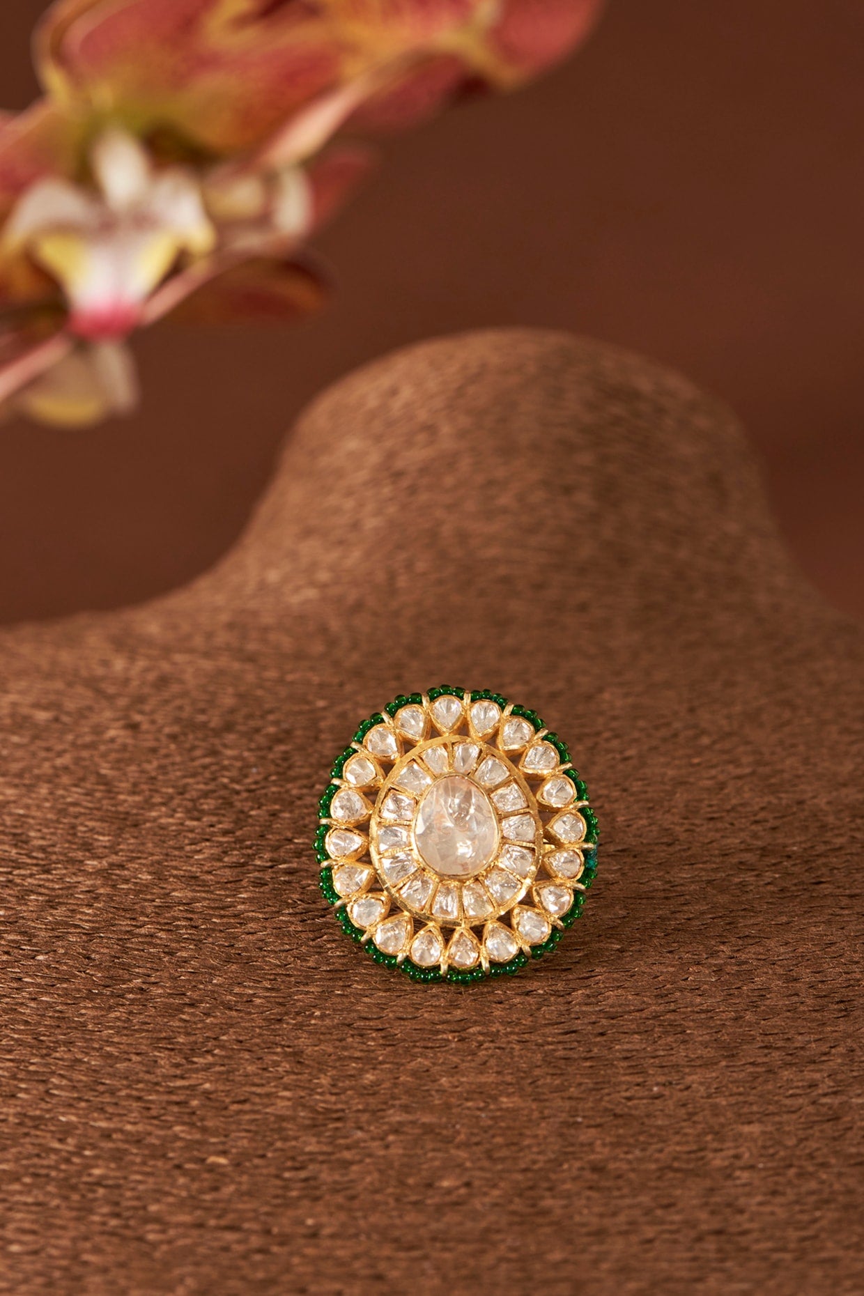 Yellow Gold Finish Kundan Polki & Emerald Synthetic Stone Ring In Sterling Silver