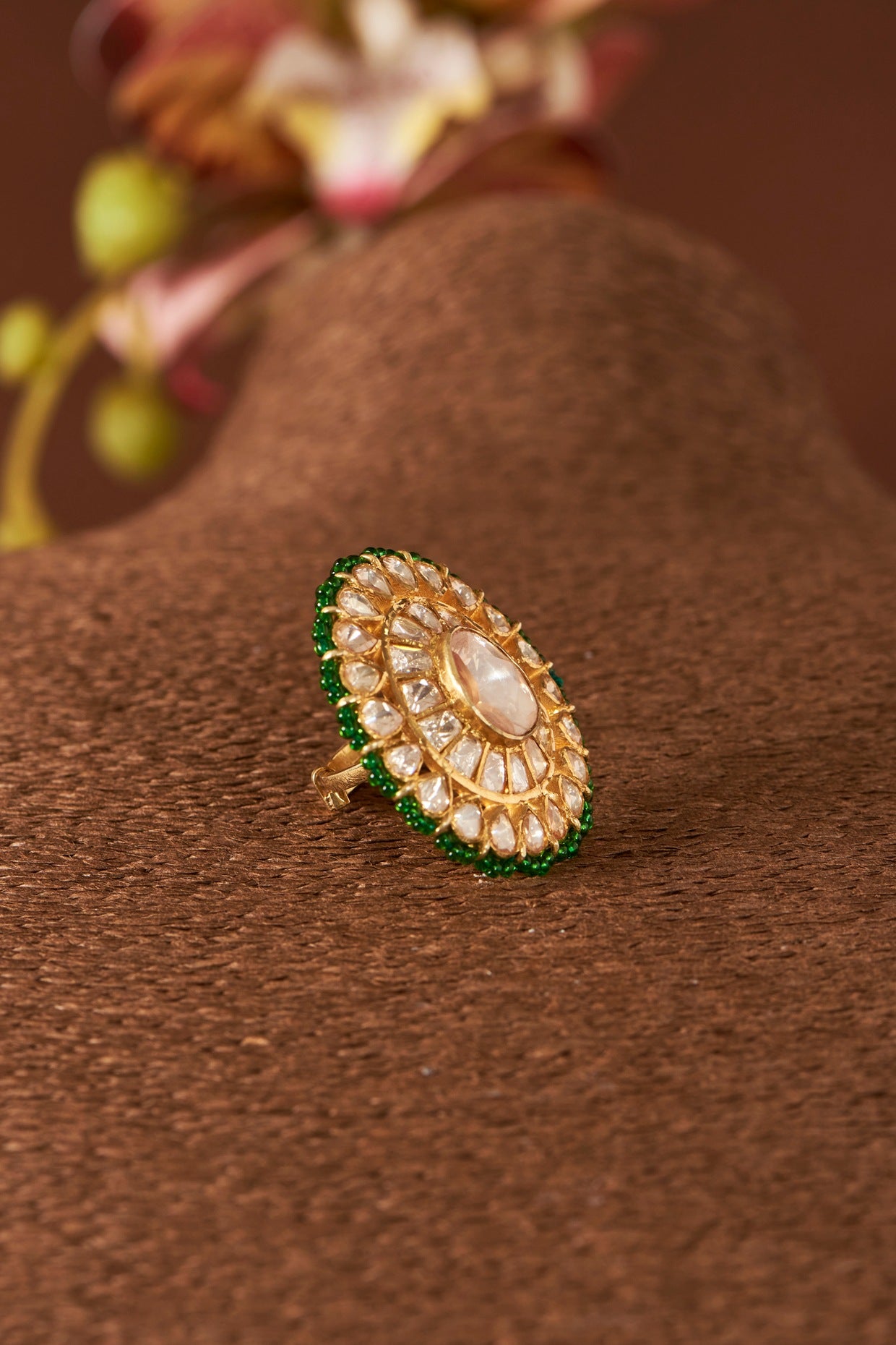 Yellow Gold Finish Kundan Polki & Emerald Synthetic Stone Ring In Sterling Silver