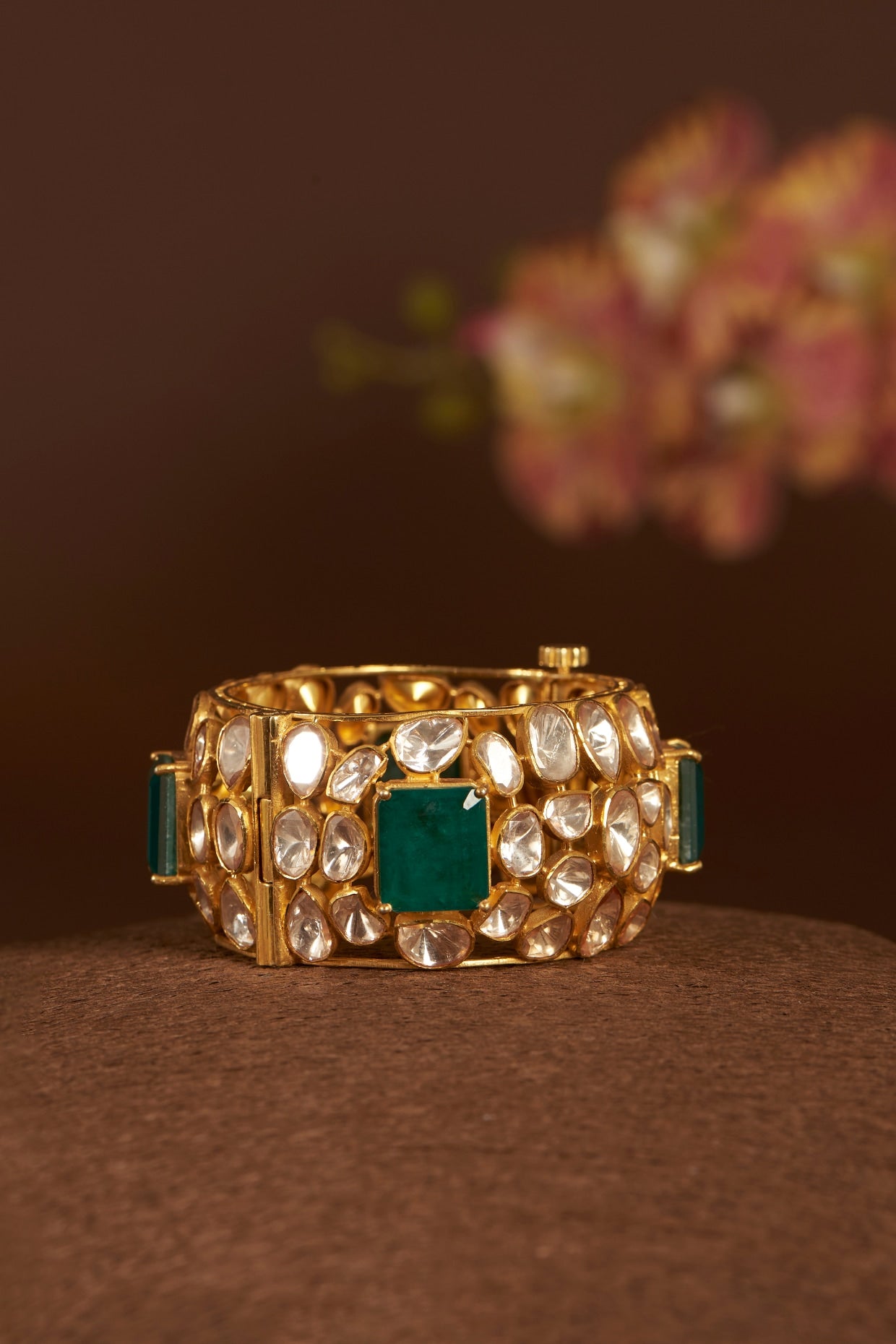 Gold Finish Moissanite Polki & Synthetic Emerald Bangle In Sterling Silver