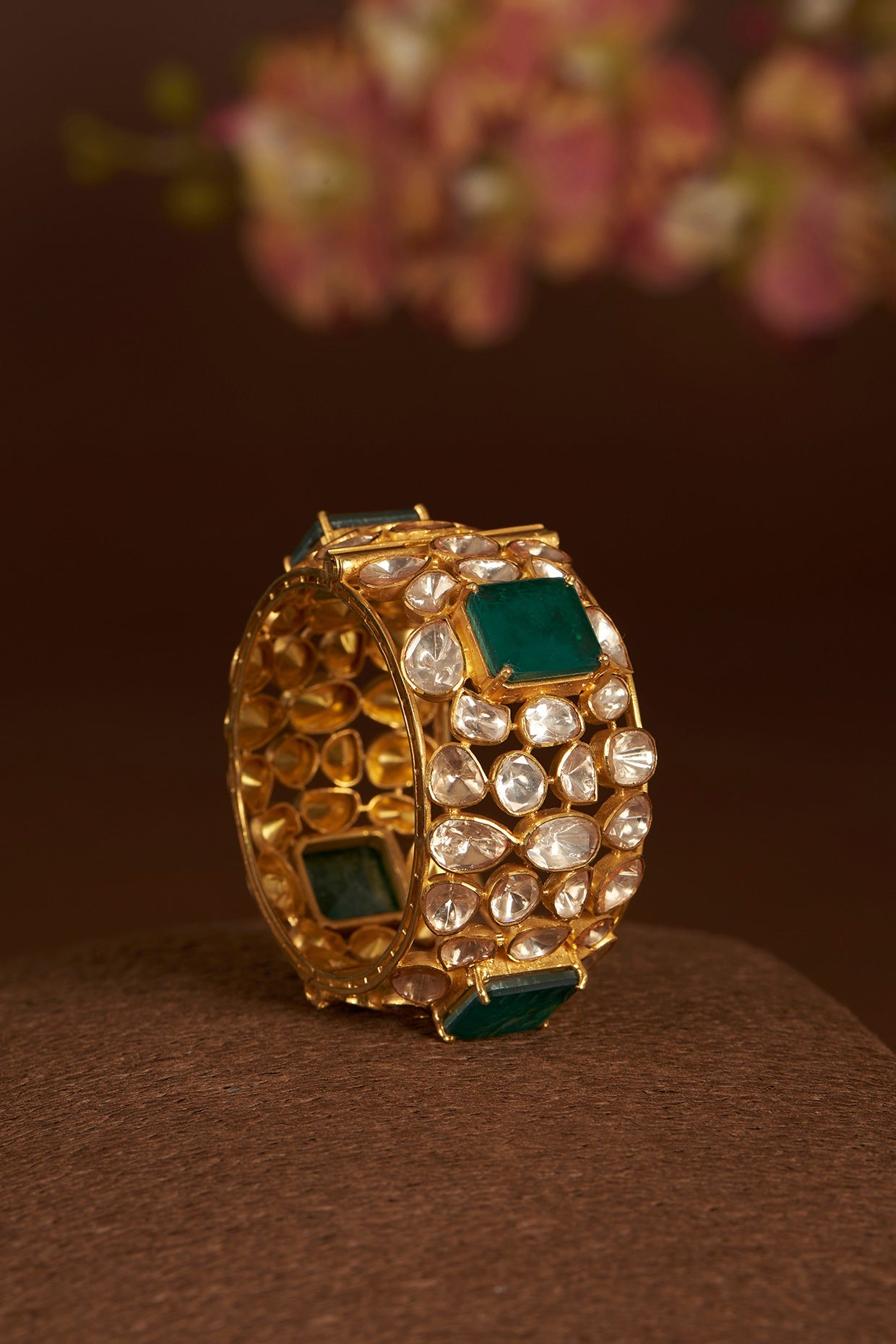 Gold Finish Moissanite Polki & Synthetic Emerald Bangle In Sterling Silver