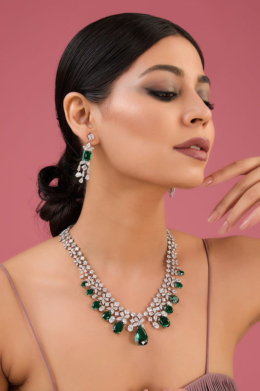 White Finish Zircon & Emerald Necklace Set In Sterling Silver