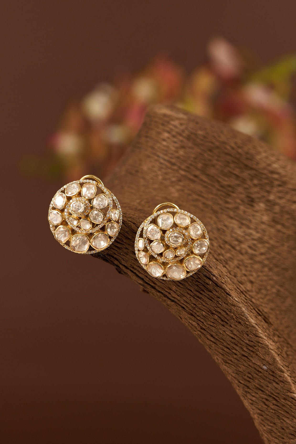 Gold Finish Moissanite Polki Stud Earrings In Sterling Silver