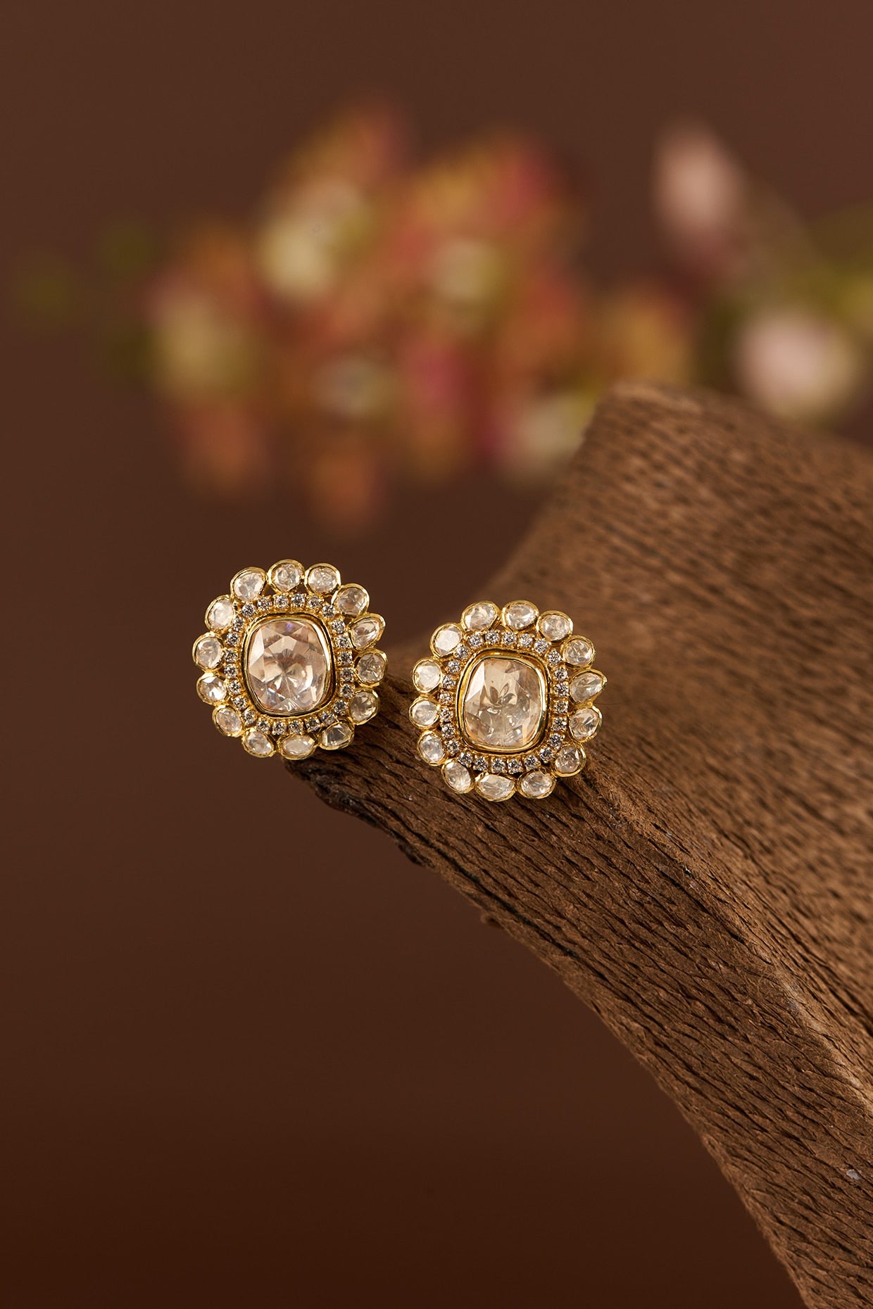 Gold Finish Moissanite Polki Stud Earrings In Sterling Silver