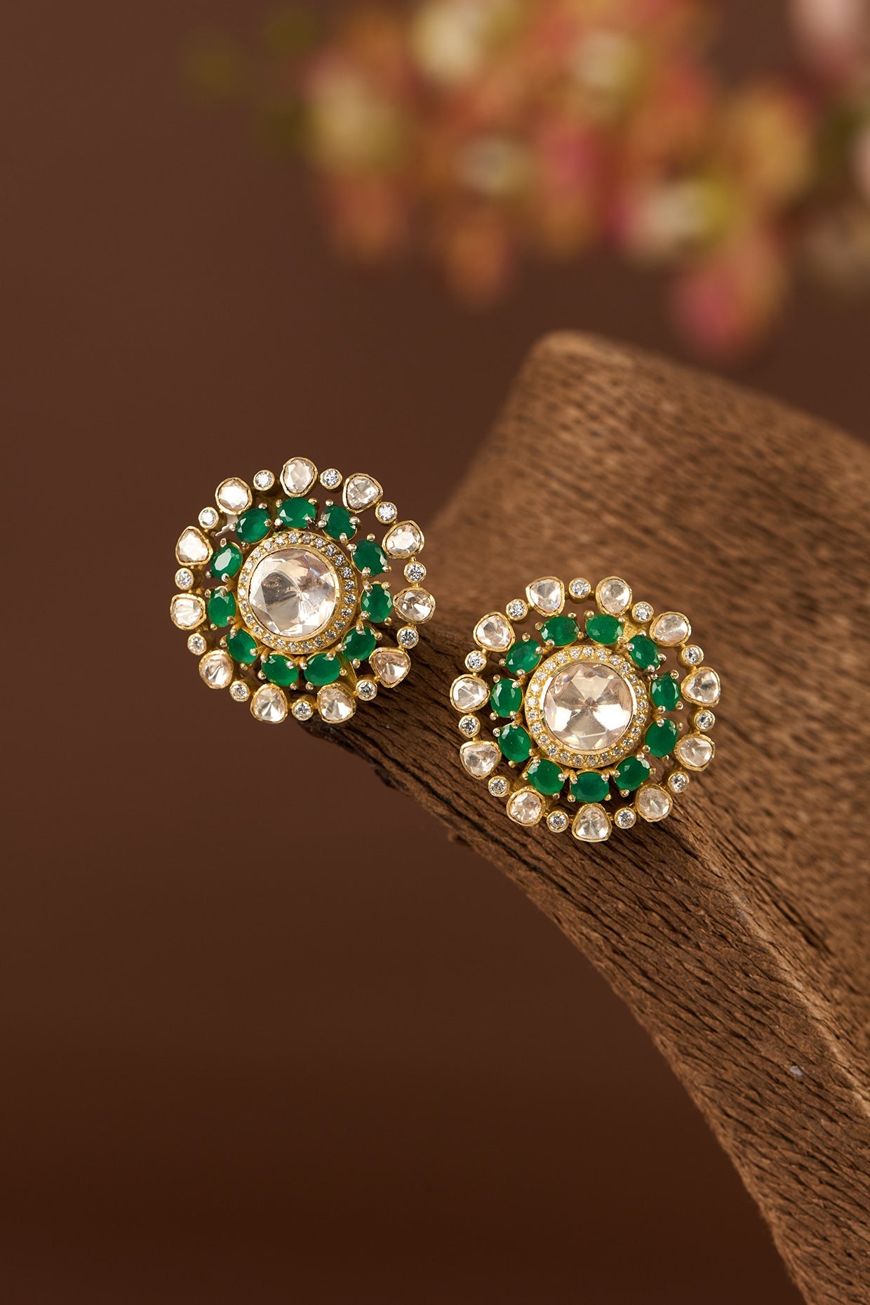 Gold Finish Moissanite Polki & Emerald Stud Earrings In Sterling Silver