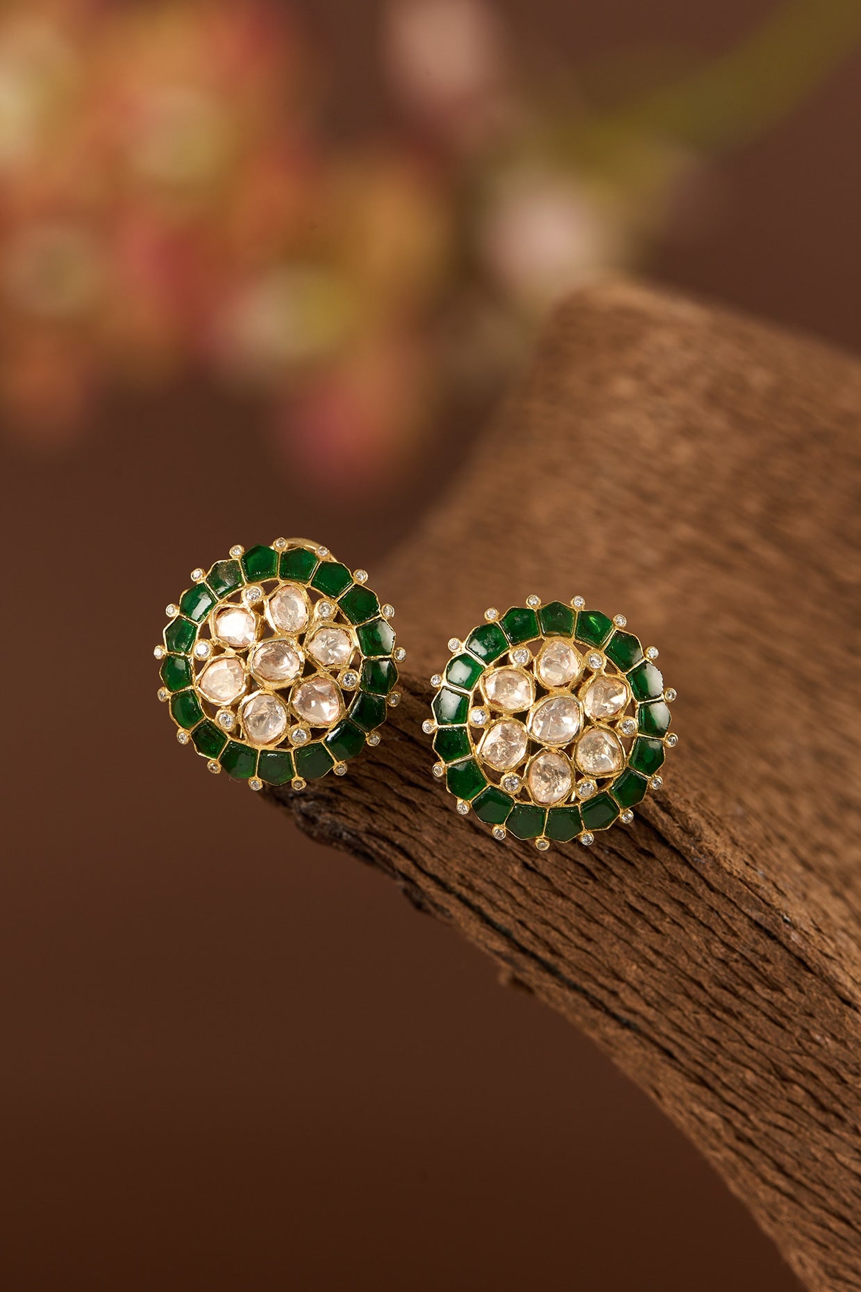 Gold Finish Moissanite Polki & Emerald Stud Earrings In Sterling Silver