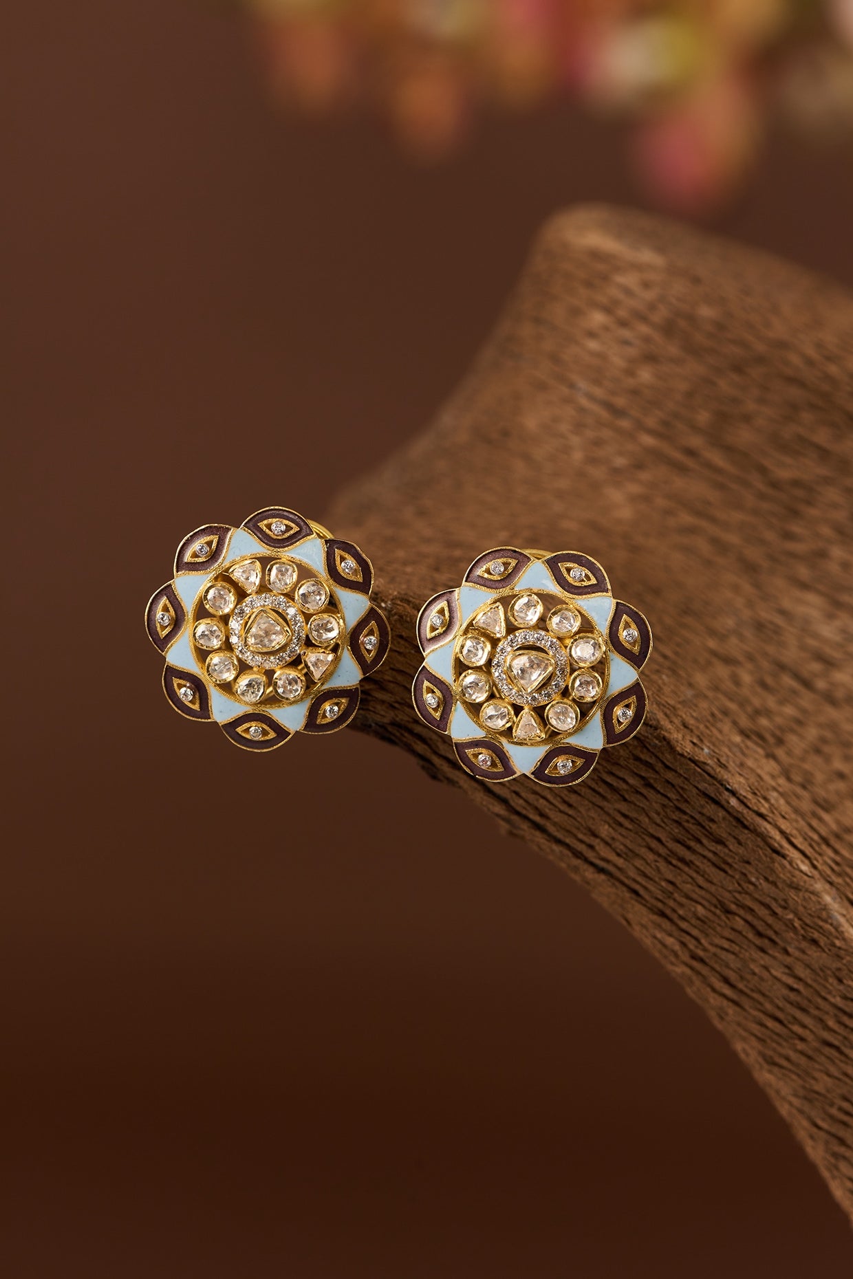 Gold Finish Moissanite Polki Enameled Stud Earrings In Sterling Silver