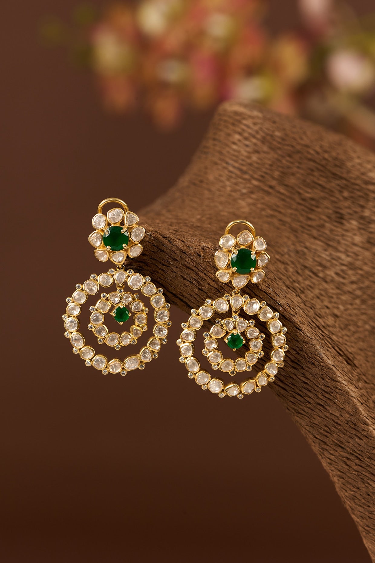 Gold Finish Moissanite Polki & Emerald Dangler Earrings In Sterling Silver