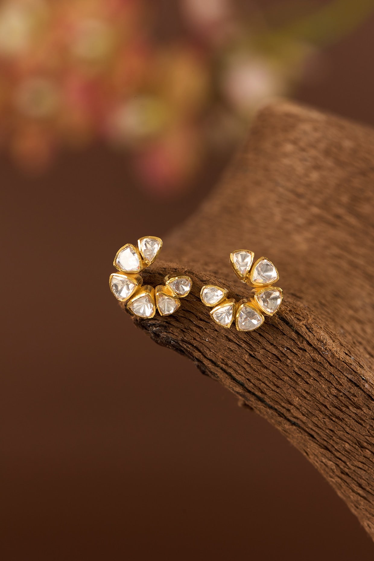 Gold Finish Moissanite Polki Stud Earrings In Sterling Silver