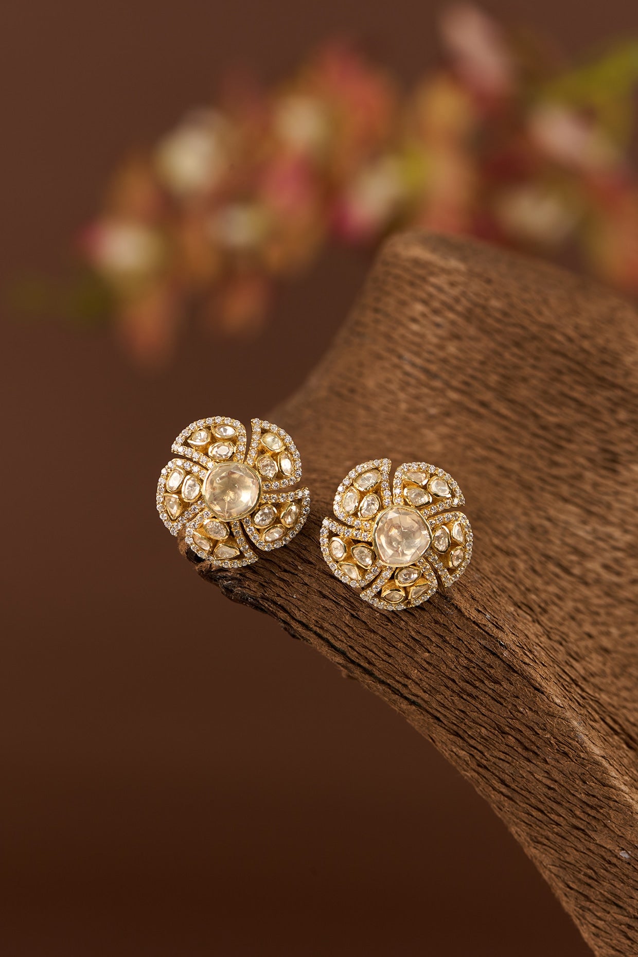 Gold Finish Moissanite Polki & CZ Stud Earrings In Sterling Silver