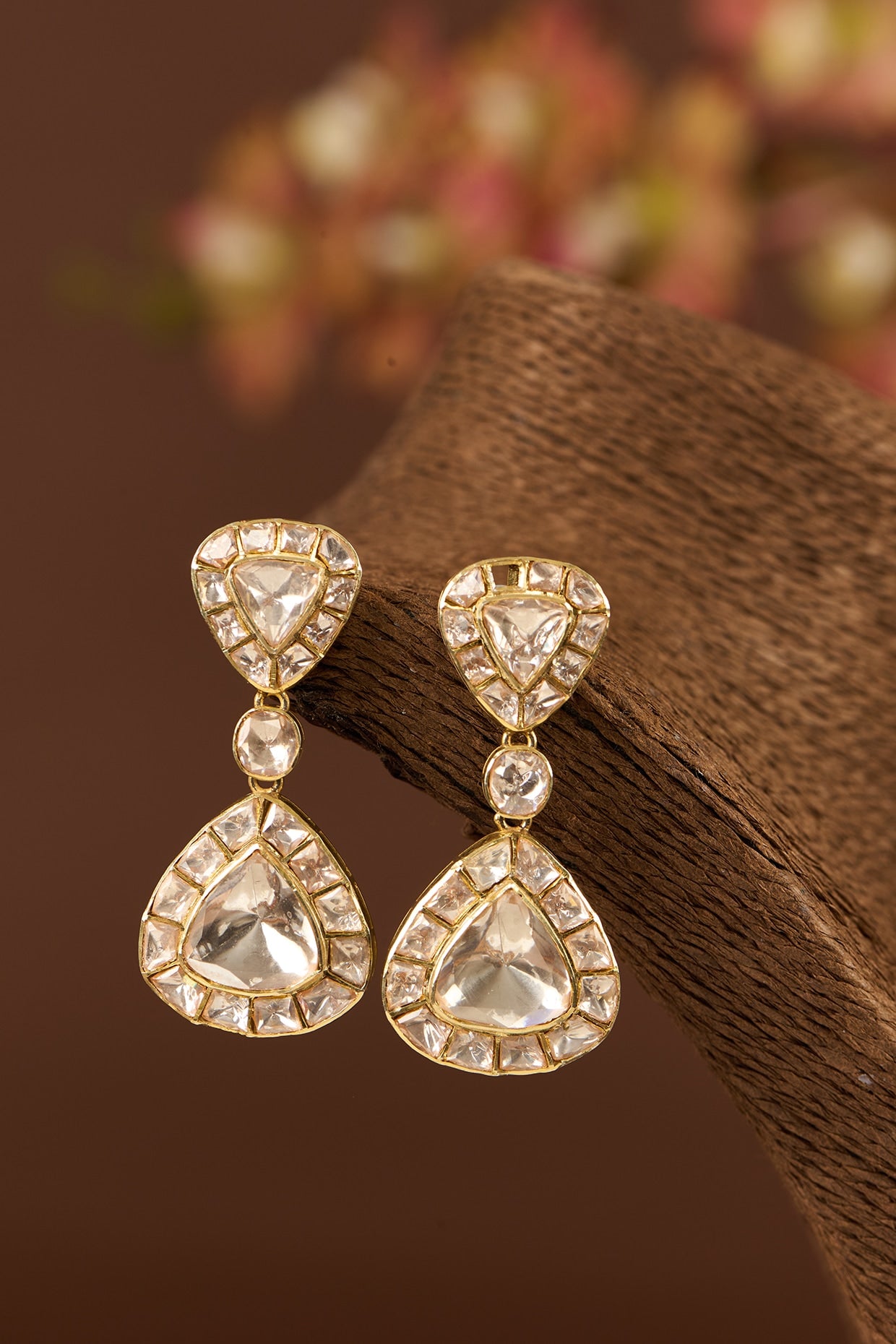 Gold Finish Moissanite Polki & CZ Dangler Earrings In Sterling Silver