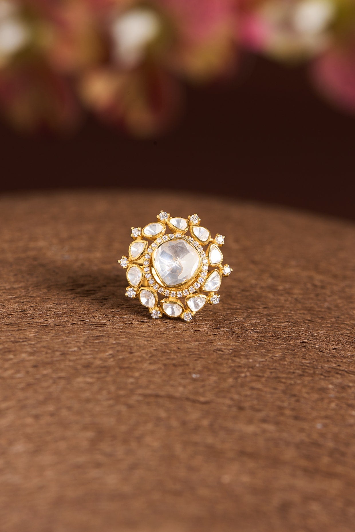 Gold Finish Moissanite Polki & CZ Ring In Sterling Silver